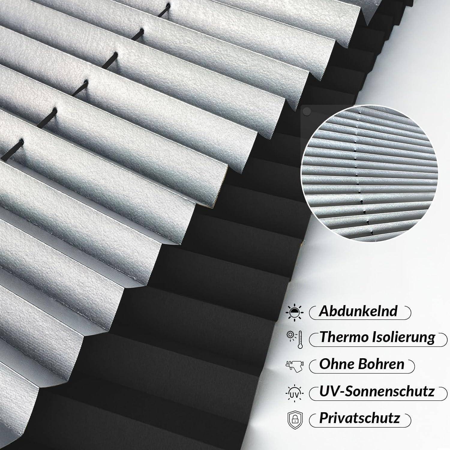 Detailaufnahme von Plissee-Jalousien. Text hebt Merkmale hervor: 'Verdunkelung', 'Wärmedämmung', 'UV-Schutz', 'Privatsphäre'.