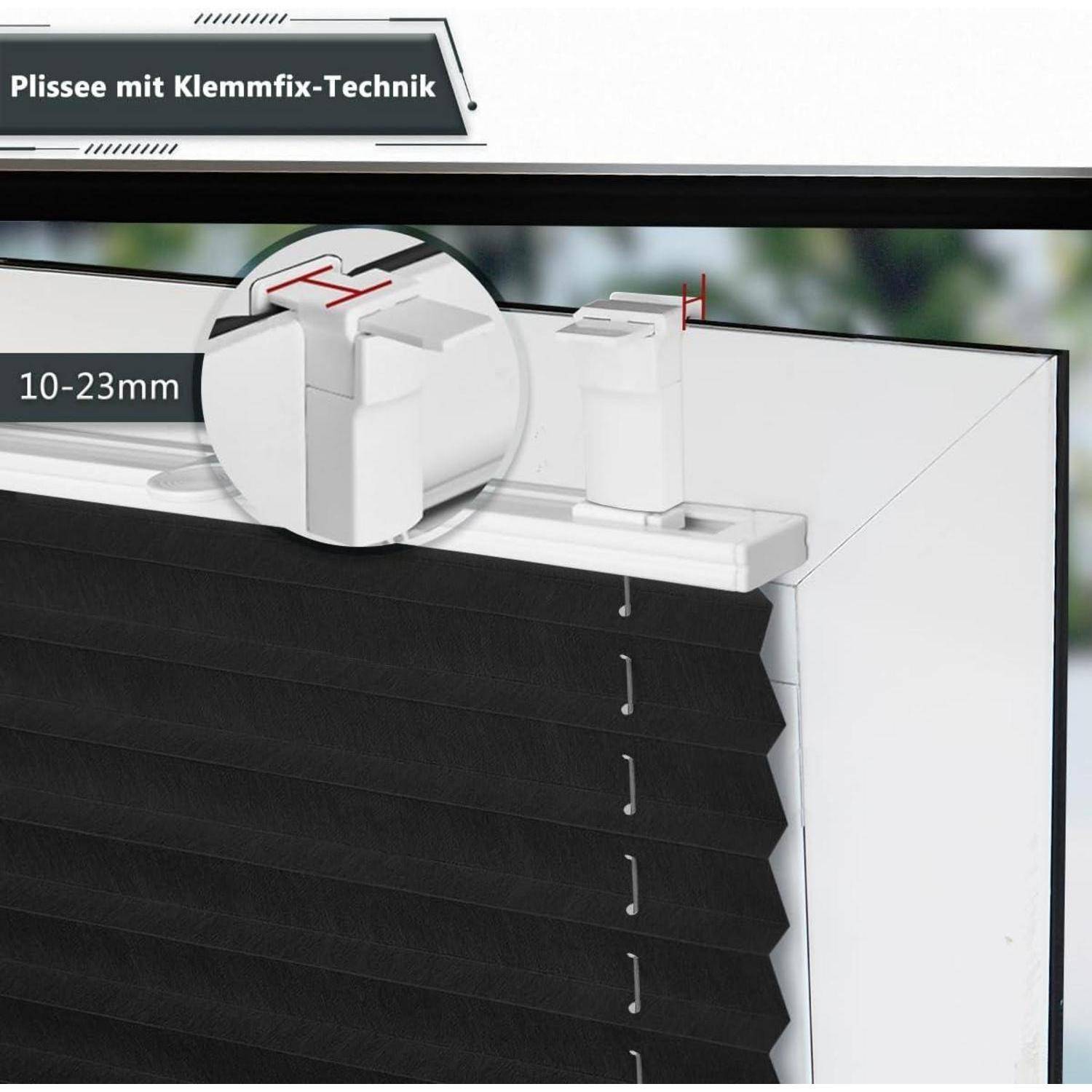 Nahaufnahme einer Jalousie mit einer Beschriftung 'Plissee mit Klemmfix-Technik', die einen verstellbaren Befestigungsmechanismus von 10-23 mm zeigt.