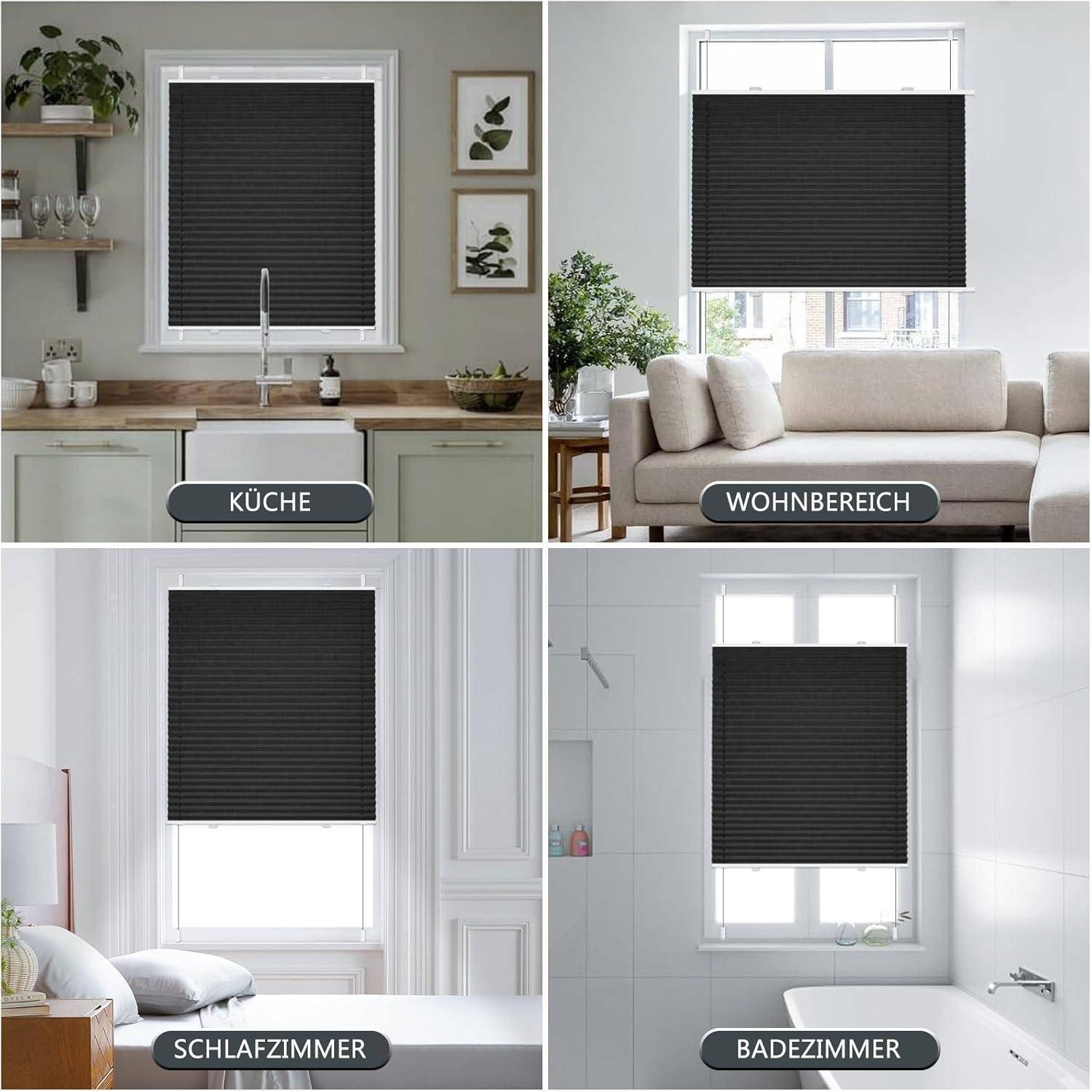 Raster von vier Räumen mit dunklen Fenstervorhängen: 