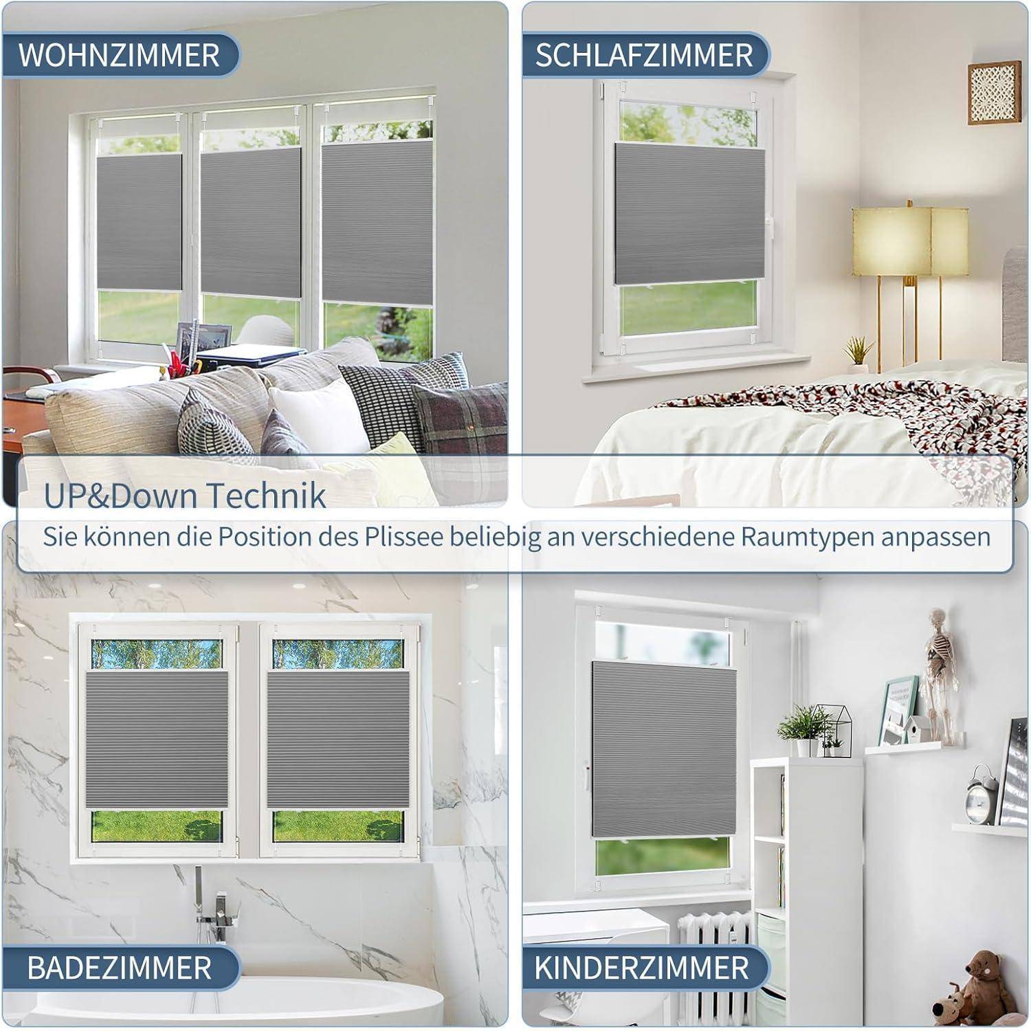 Vier Räume, die Jalousien zeigen, die mittels 'UP&Down Technik' unterschiedlich positioniert sind. Räume: Wohnzimmer, Schlafzimmer, Badezimmer, Kinderzimmer.