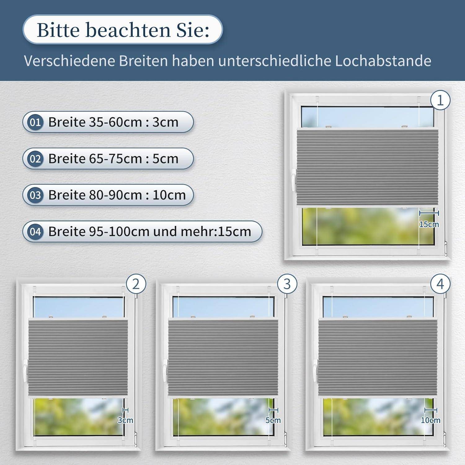 Vier Jalousien mit unterschiedlichen Breiten und Abstandsgrößen: 35-60 cm mit 3 cm Abstand, 65-75 cm mit 5 cm Abstand, 80-90 cm mit 10 cm Abstand, 95-100 cm mit 15 cm Abstand.