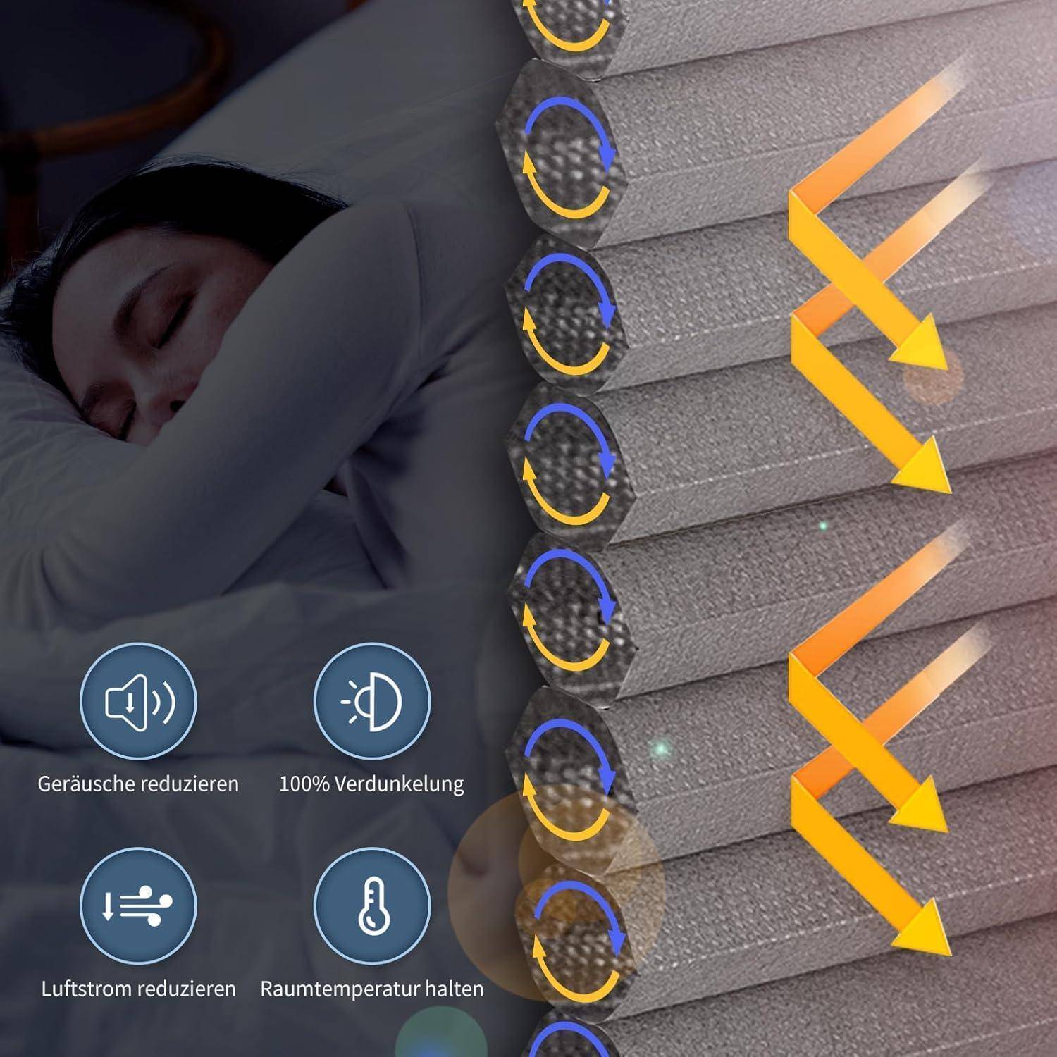 Eine Person, die friedlich neben Jalousien schläft; Pfeile zeigen die Isolationsvorteile. Symbole deuten auf Lärmreduzierung und Temperaturkontrolle hin.