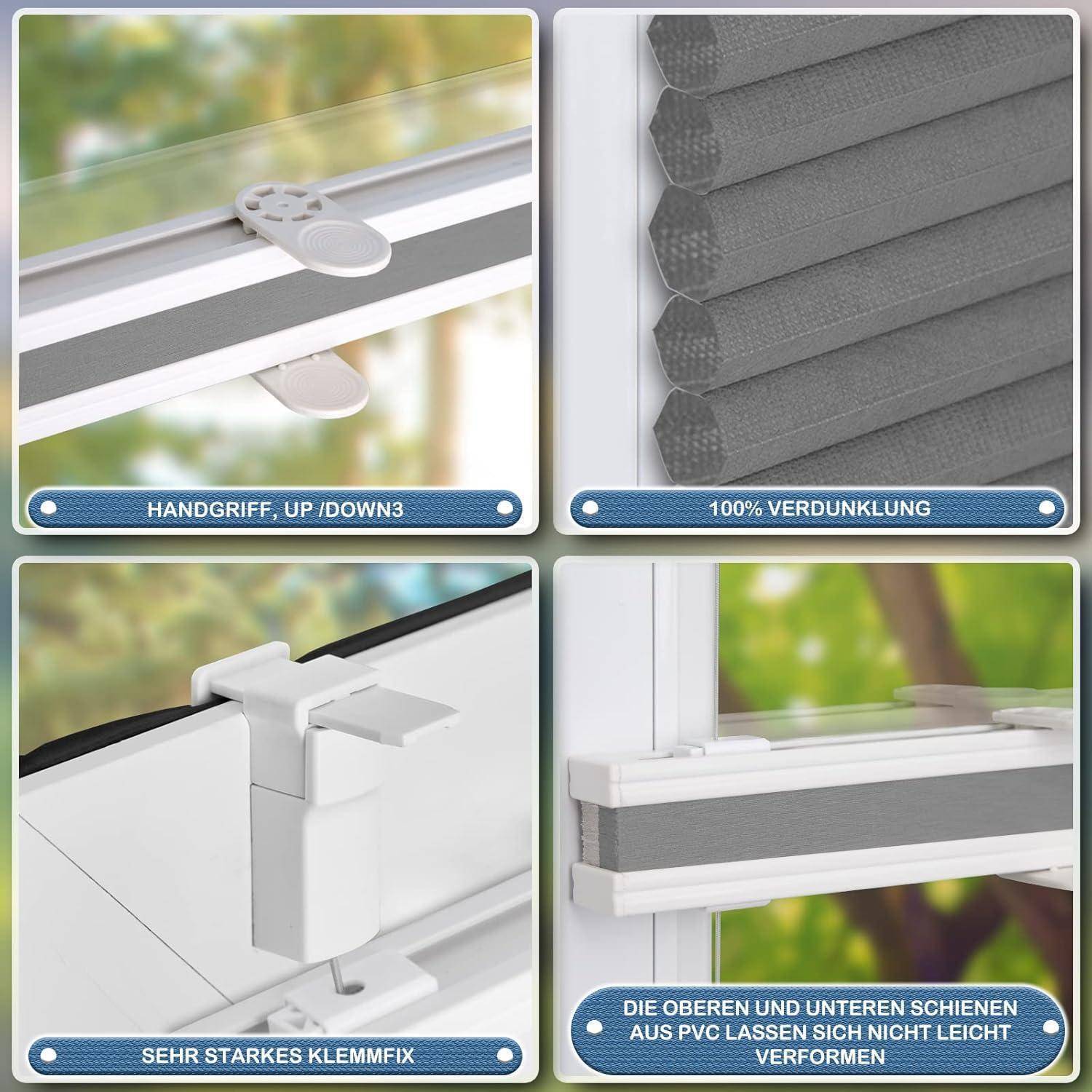 Das Bild zeigt Merkmale einer Jalousie: einen Griff zum Justieren, Jalousien mit '100% Verdunklung', einen 'sehr starken Klemmfix' Clip, PVC-Schienen für Langlebigkeit.