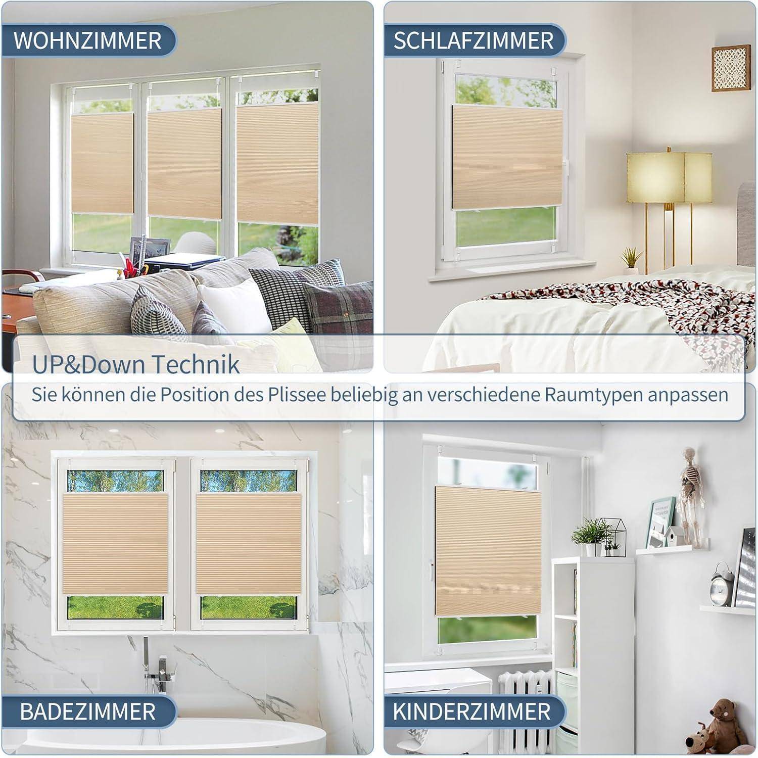 Vier Bilder zeigen einen Plissee in verschiedenen Räumen: Wohnzimmer, Schlafzimmer, Badezimmer und Kinderzimmer. Der Text hebt die flexible Positionierungsmöglichkeit hervor.
