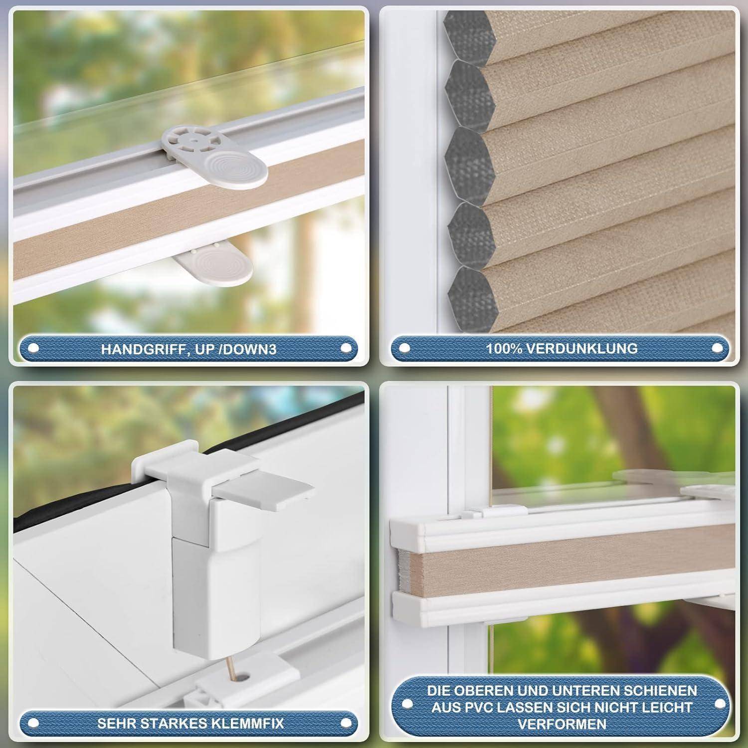 Das Bild zeigt ein Fenster mit einem Griff für Jalousien, das eine 100%ige Verdunkelungswirkung, eine starke Klemmvorrichtung und obere sowie untere PVC-Schienen für Langlebigkeit aufweist.