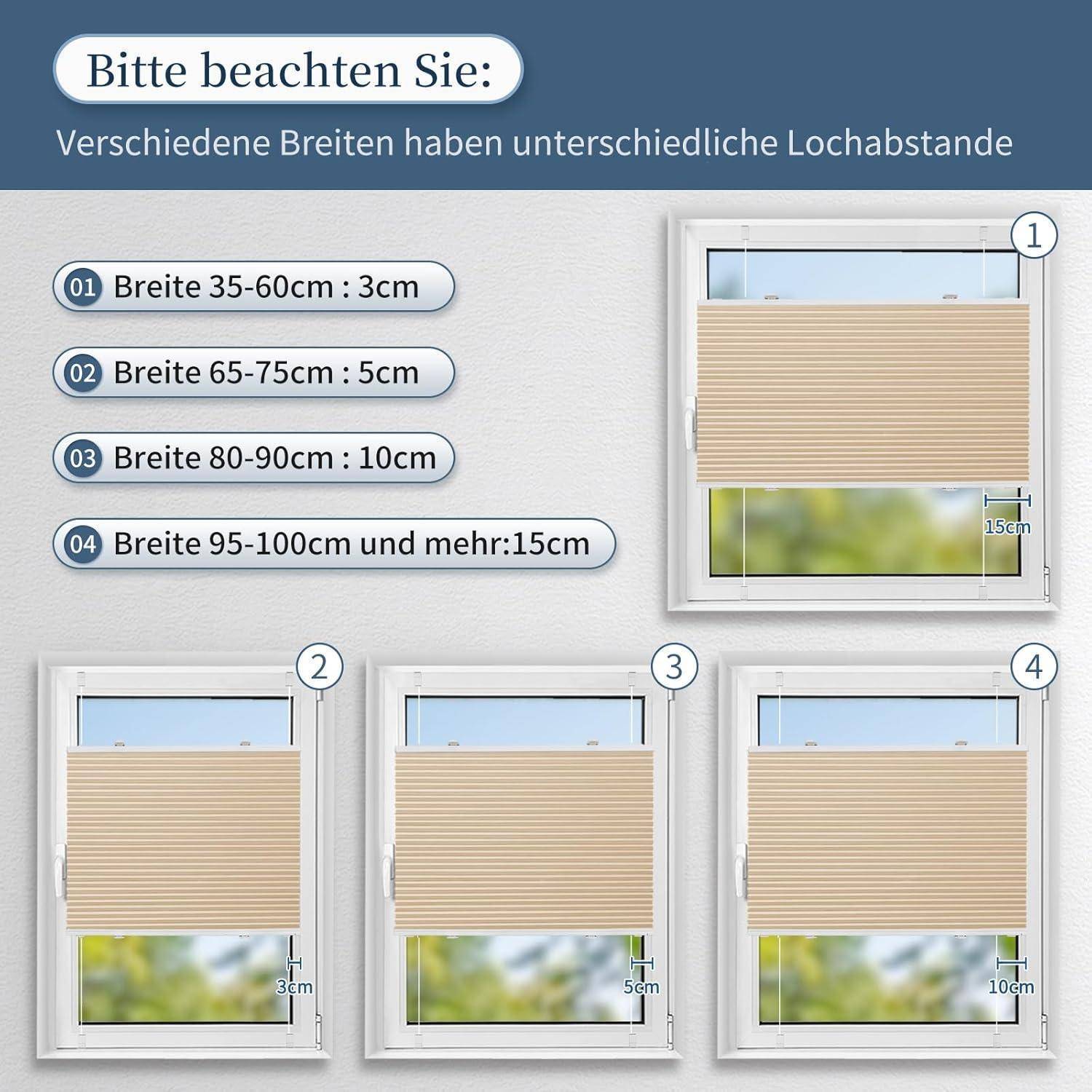 Anleitung zur Veranschaulichung, wie verschiedene Jalousiebreiten die Lochplatzierung am Fenster beeinflussen: 35-60 cm: 3 cm, 65-75 cm: 5 cm, 80-90 cm: 10 cm, 95-100 cm+: 15 cm.