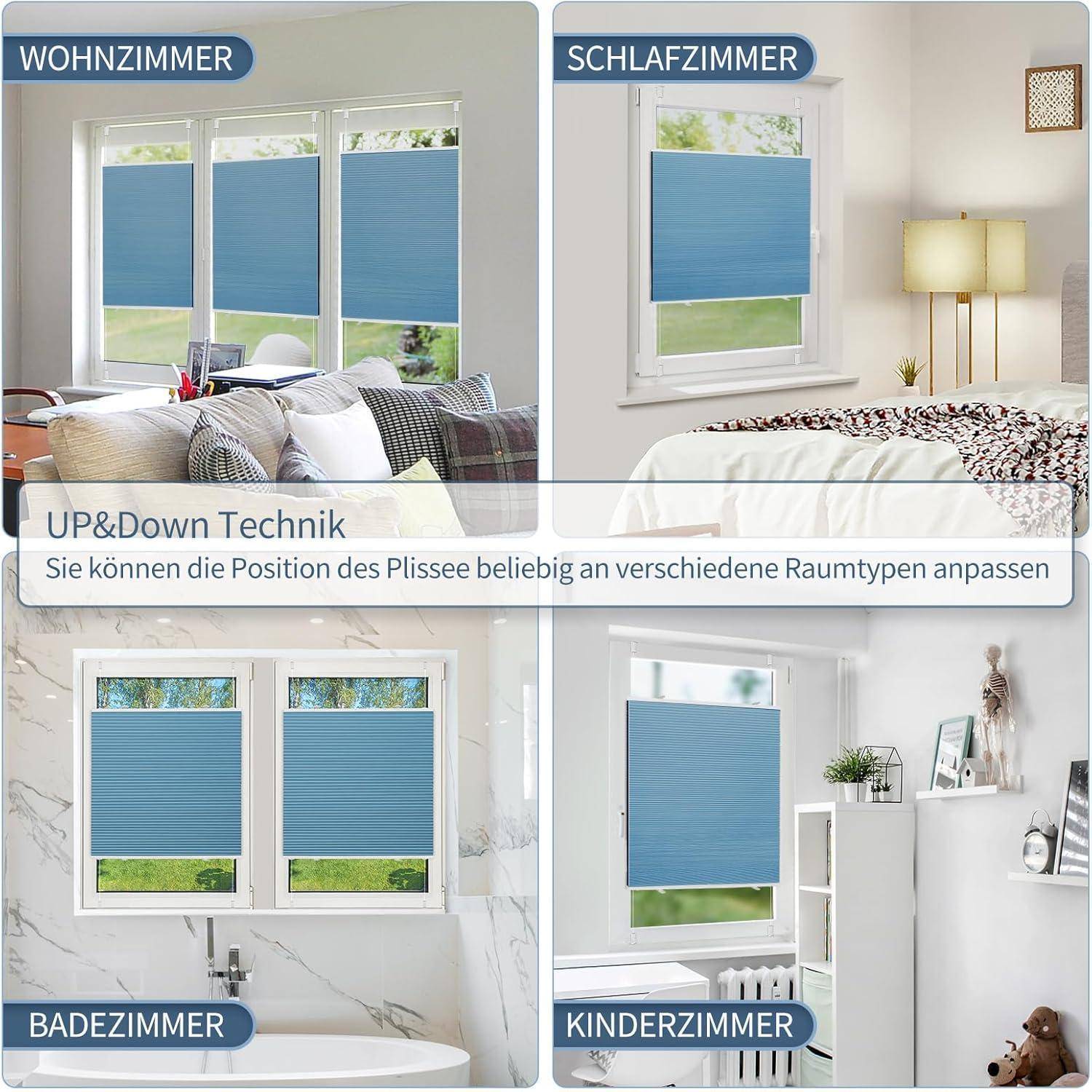 Bild zeigt vier Räume mit blauen Fensterrollos: Wohnzimmer, Schlafzimmer, Badezimmer und Kinderzimmer. Text: 'UP&Down Technik'.