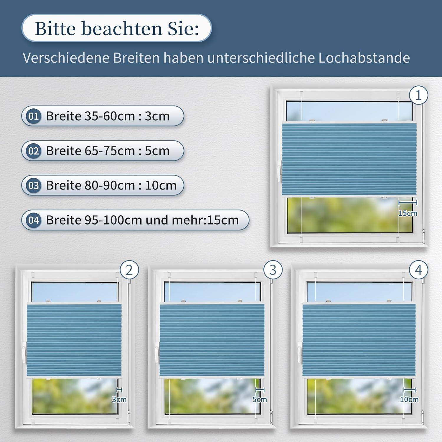 Bitte beachten Sie: Verschiedene Breiten haben unterschiedliche Lochabstände.' Vier Jalousien mit unterschiedlichen Breiten und Lochabständen.