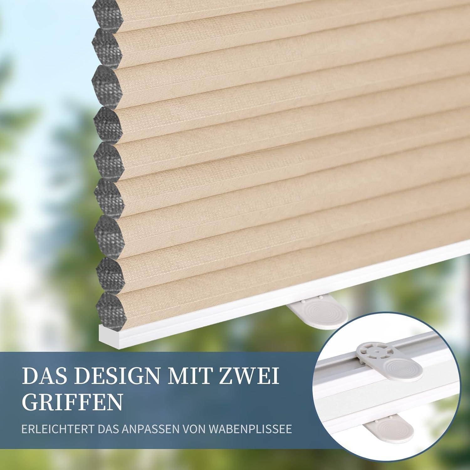 Eine Nahaufnahme eines Wabenjalousie-Vorhangs mit zwei Griffen zur einfachen Verstellung, mit einem deutschen Text, der die Designvorteile hervorhebt.