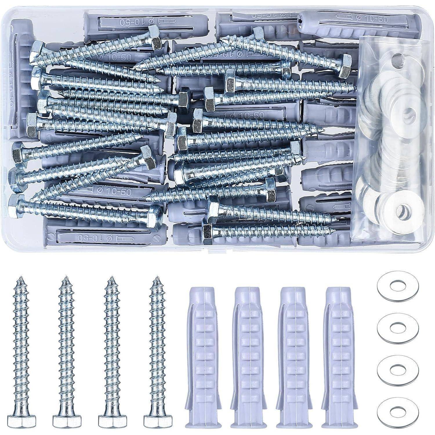 Ein Hardware-Set, das zahlreiche Metallschrauben, Kunststoff-Dübel und Unterlegscheiben enthält, die übersichtlich in einer transparenten Box angeordnet sind.