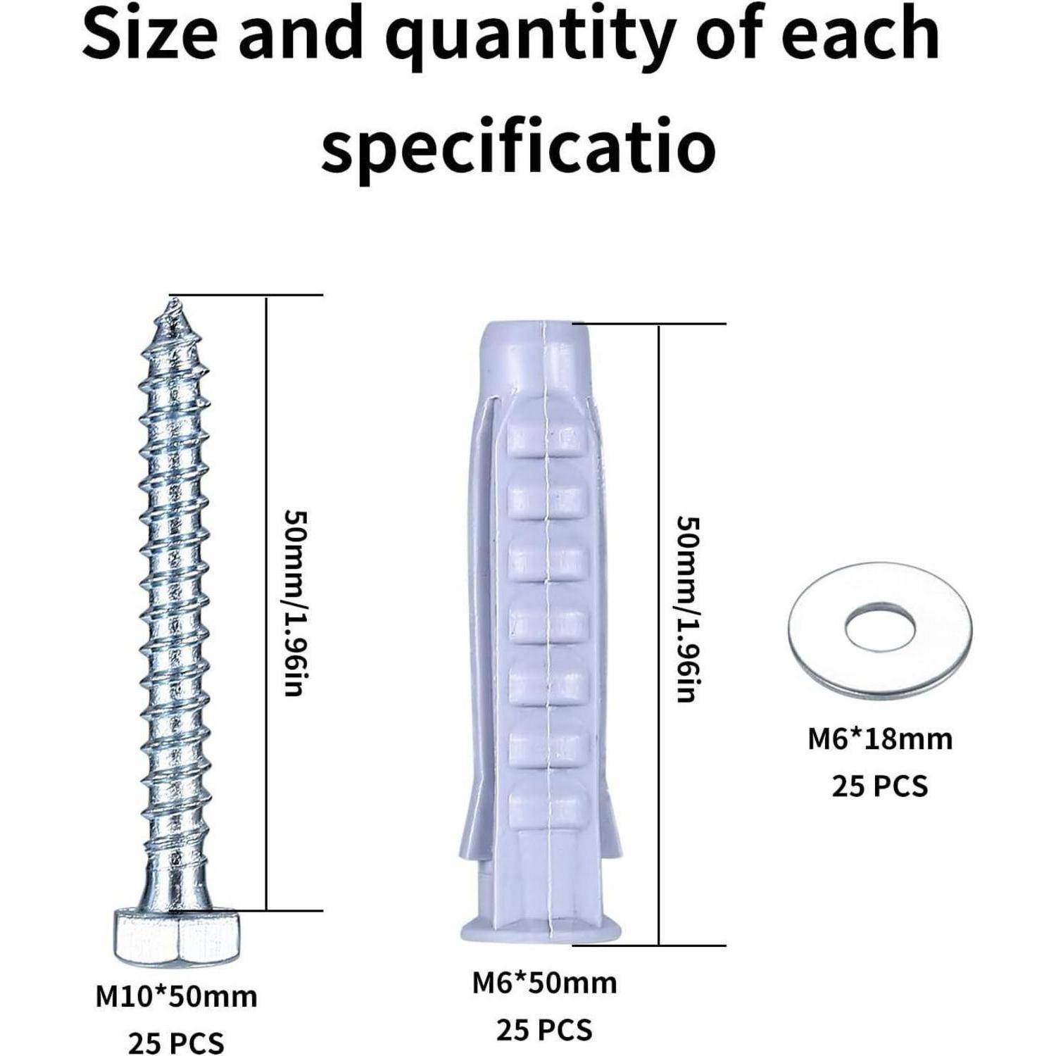 Schrauben und Anker: M10x50mm, 25 Stück; M6x50mm, 25 Stück; M6x18mm Unterlegscheibe, 25 Stück, jeweils 50mm/1,96 Zoll Länge.