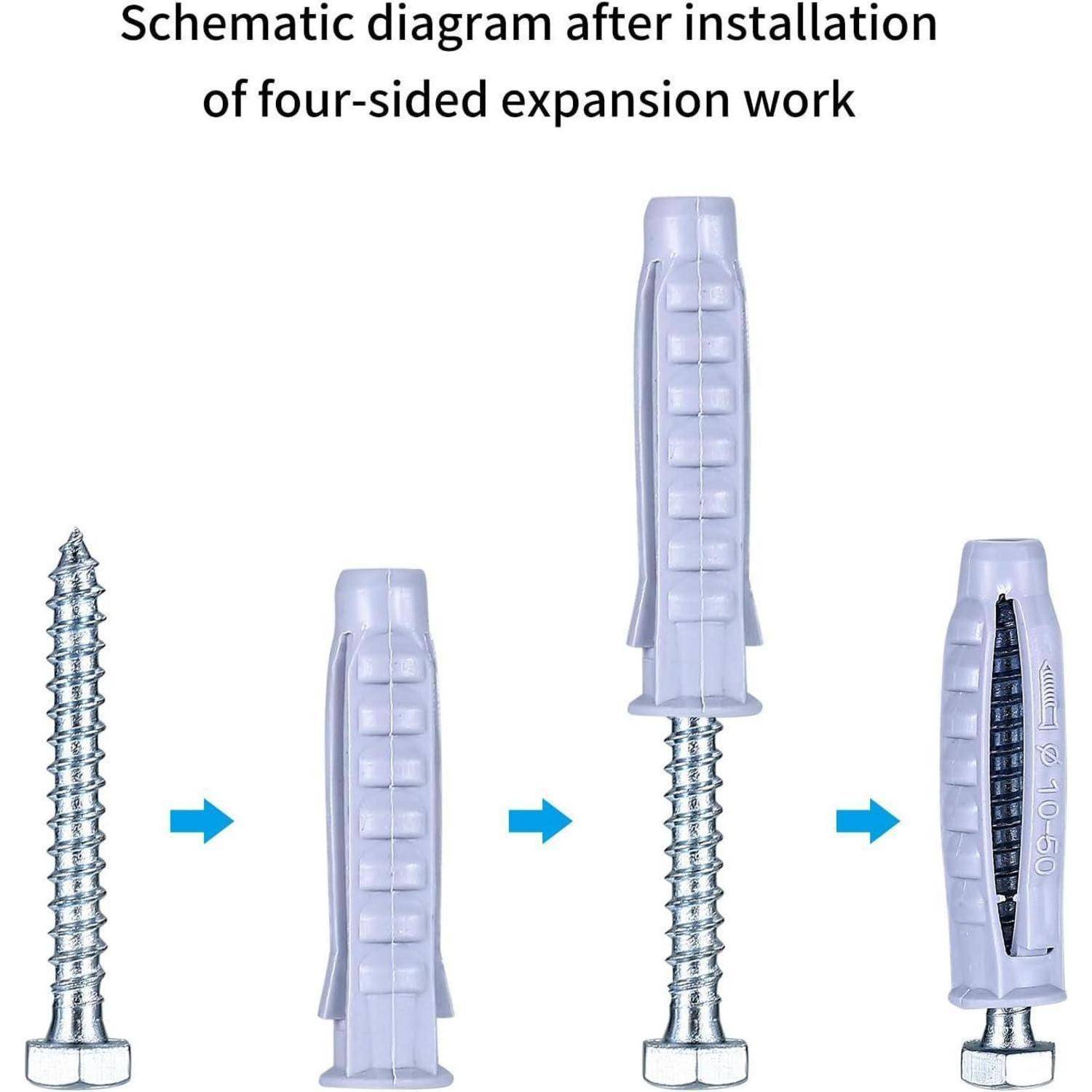 Diagramm, das die Installation eines Schraubankers mit vierseitiger Expansion zeigt und die Schritte von links nach rechts in einer Sequenz veranschaulicht.