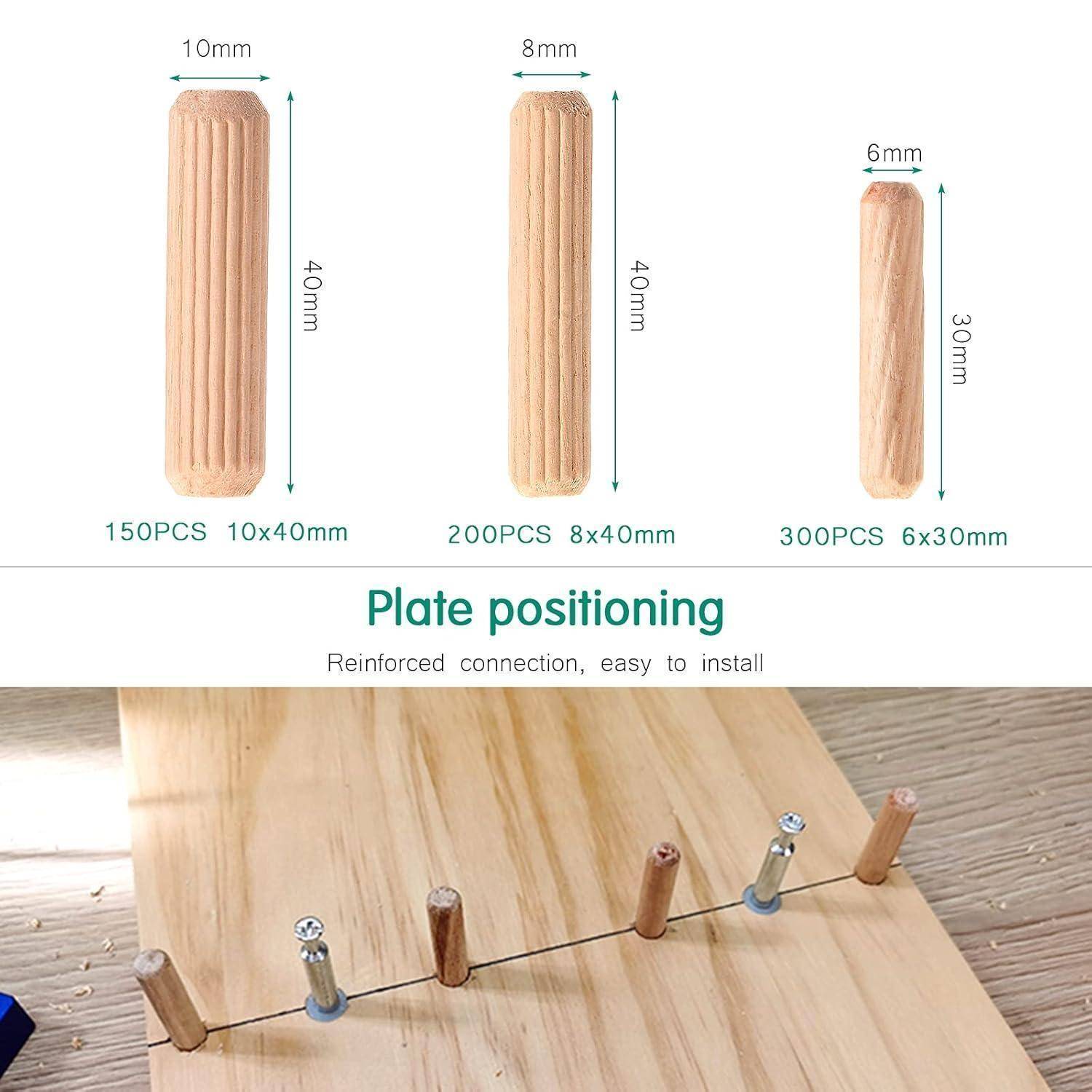 Holzdübel in verschiedenen Größen (10x40mm, 8x40mm, 6x30mm), gekennzeichnet mit Mengenangaben (150, 200, 300 Stück). Anweisungen zur Plattenpositionierung.