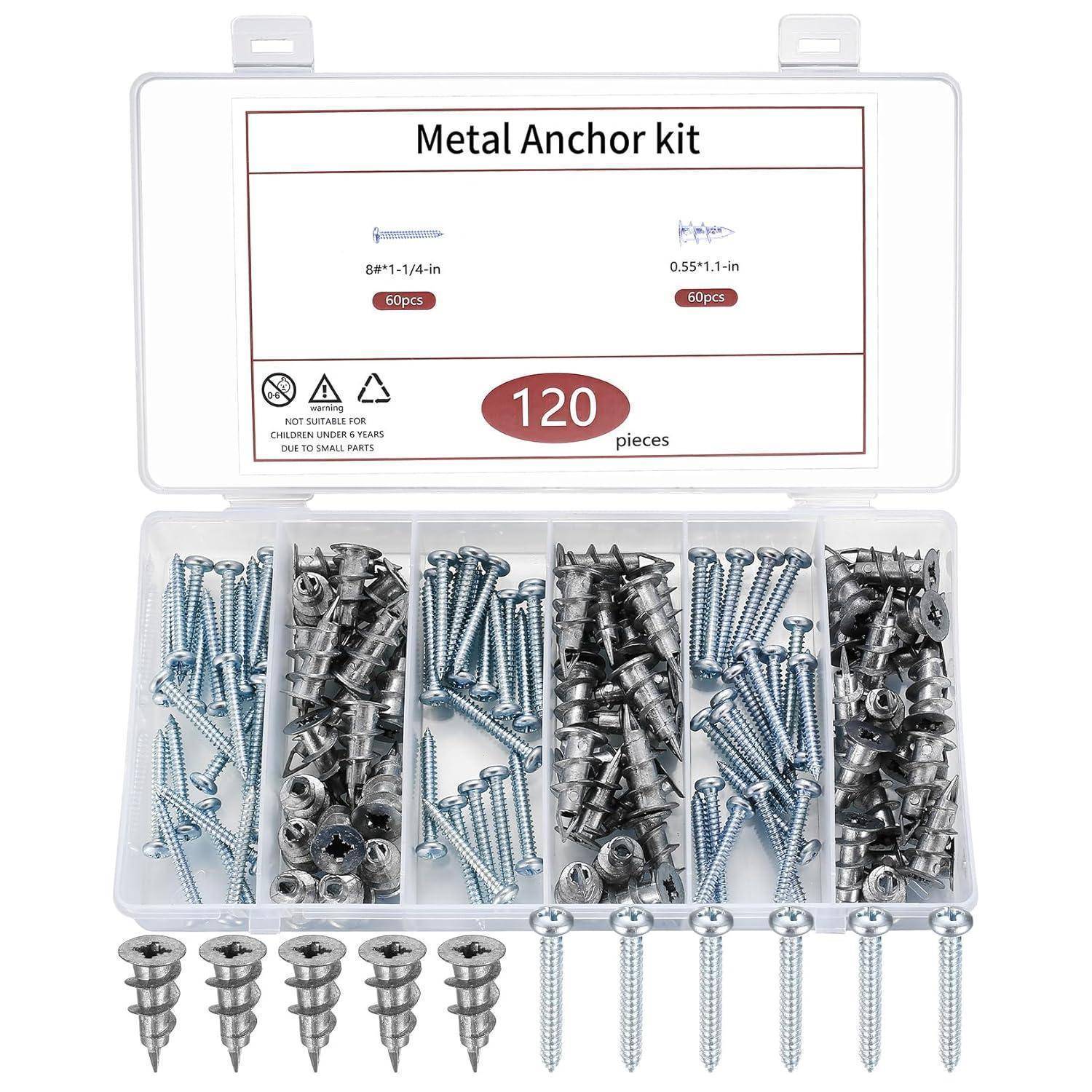 Metallbefestigungsset-Box, beschriftet mit ‚Metallbefestigungsset', die verschiedene Schrauben und Dübel enthält, mit Mengenangaben und Größenbezeichnungen, insgesamt 120 Einzelteile.