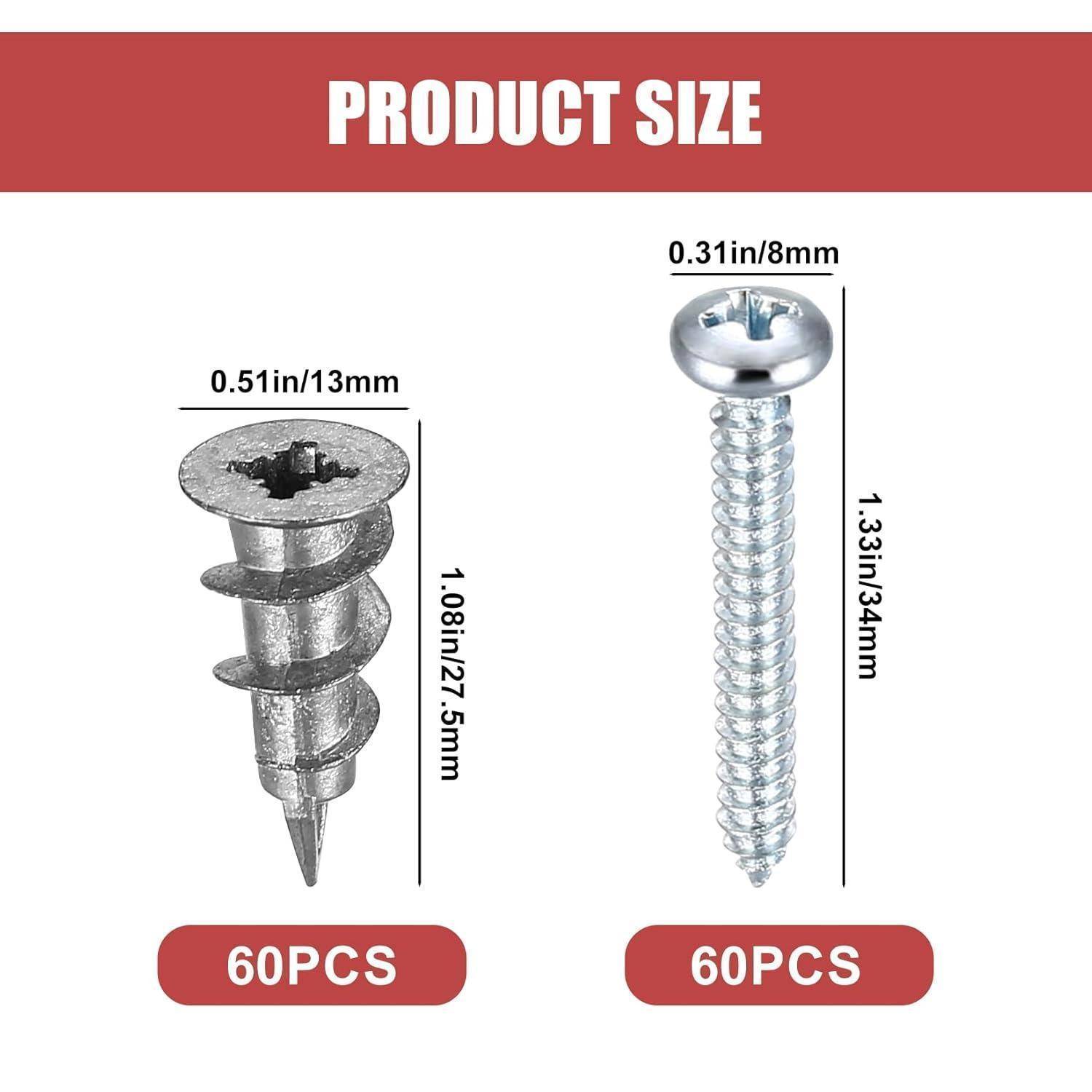 Produktgröße' Tabelle zeigt zwei Schrauben mit Abmessungen: linke Schraube misst 1,08 Zoll/27,5 mm und umfasst 60 Stück; rechte Schraube misst 1,33 Zoll/34 mm und umfasst ebenfalls 60 Stück.