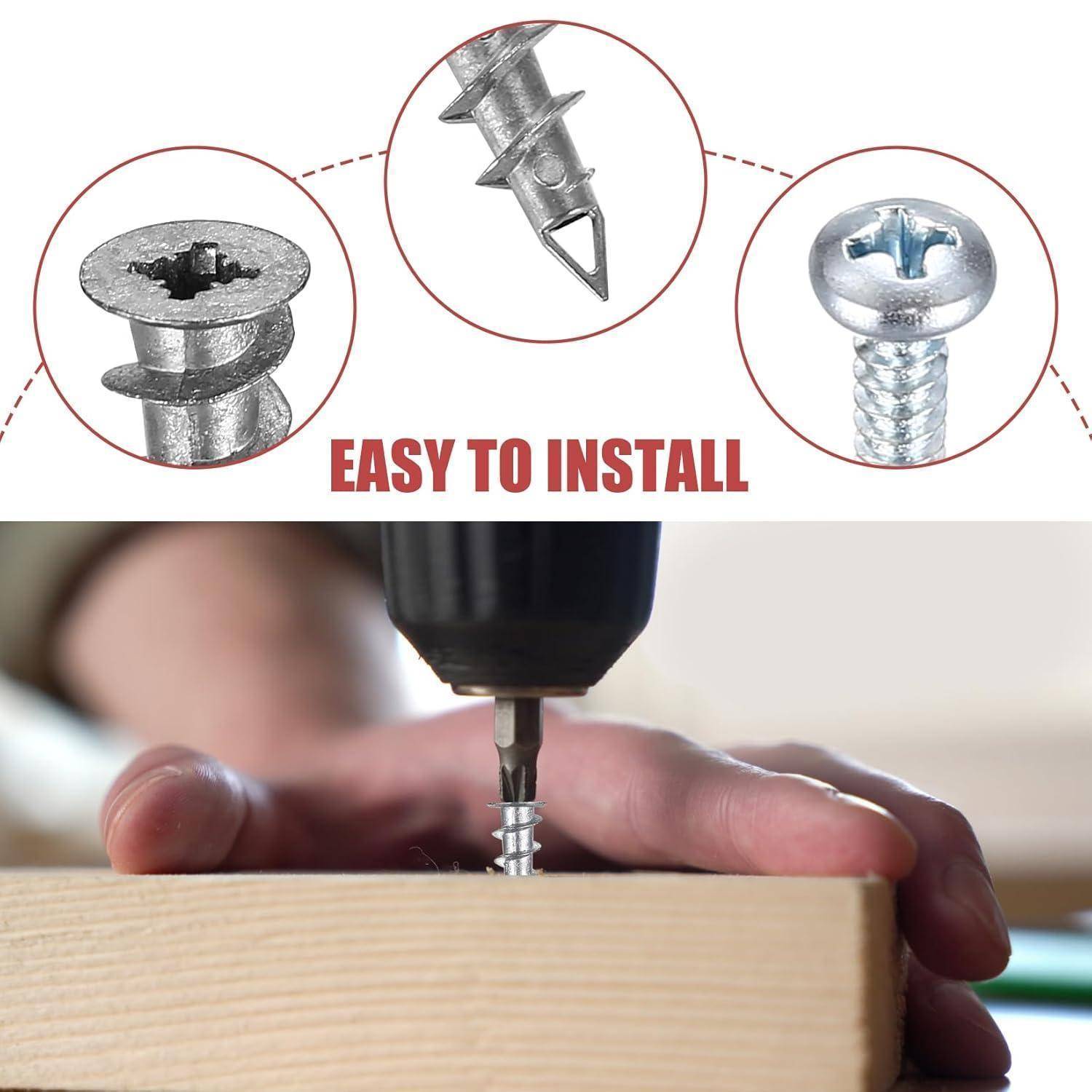 Nahaufnahme einer Hand, die ein Bohrgerät verwendet, um eine leicht zu installierende Schraube ins Holz zu schrauben. Darüber befinden sich Bilder, die Merkmale des Schraubenkopfes und der Spitze zeigen.