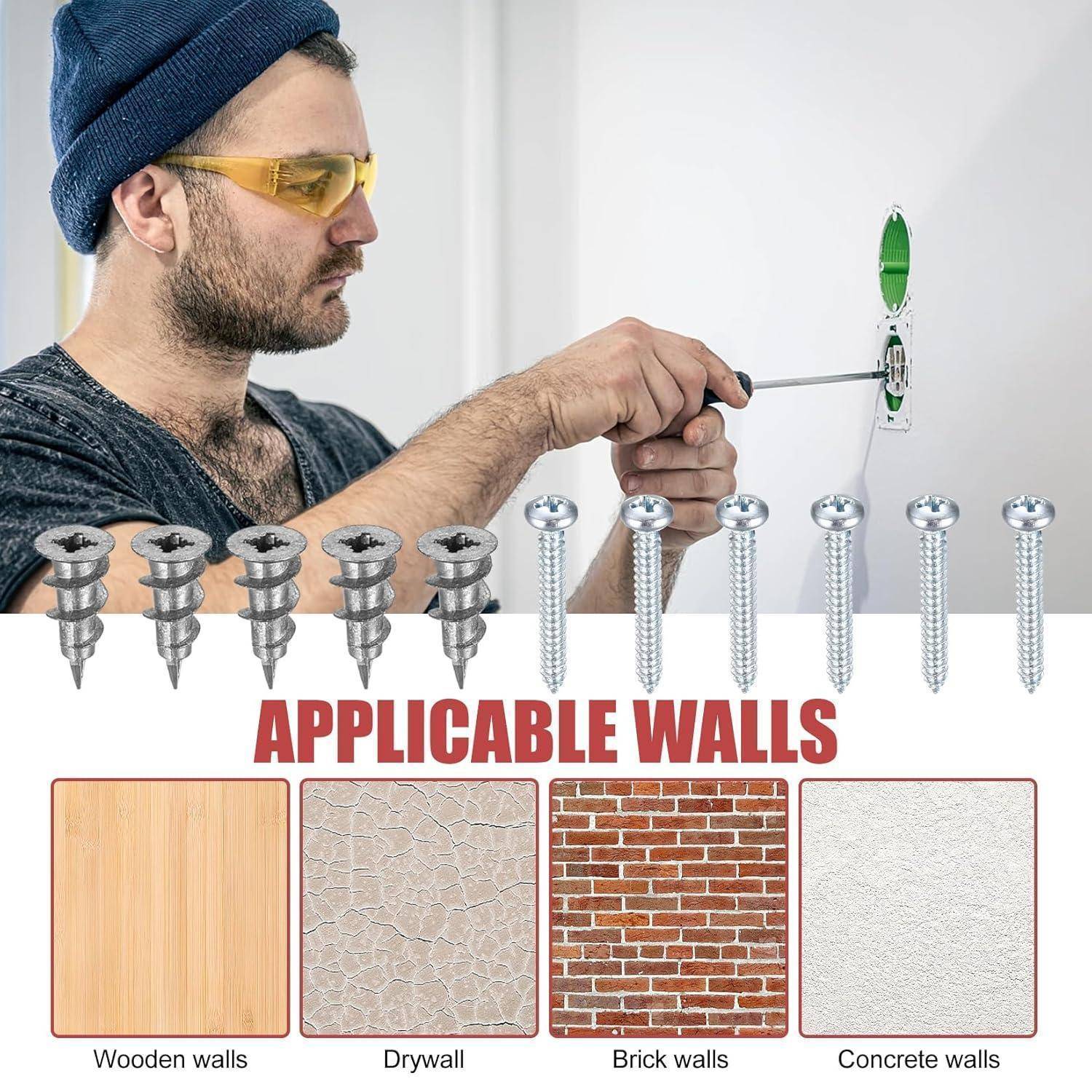Person mit einem Schraubendreher an einem Wanddübel, trägt Sicherheitsbrille und Wollmütze. Darunter Abbildungen von Schrauben für Holz-, Gips-, Ziegel- und Betonwände, beschriftet mit 
