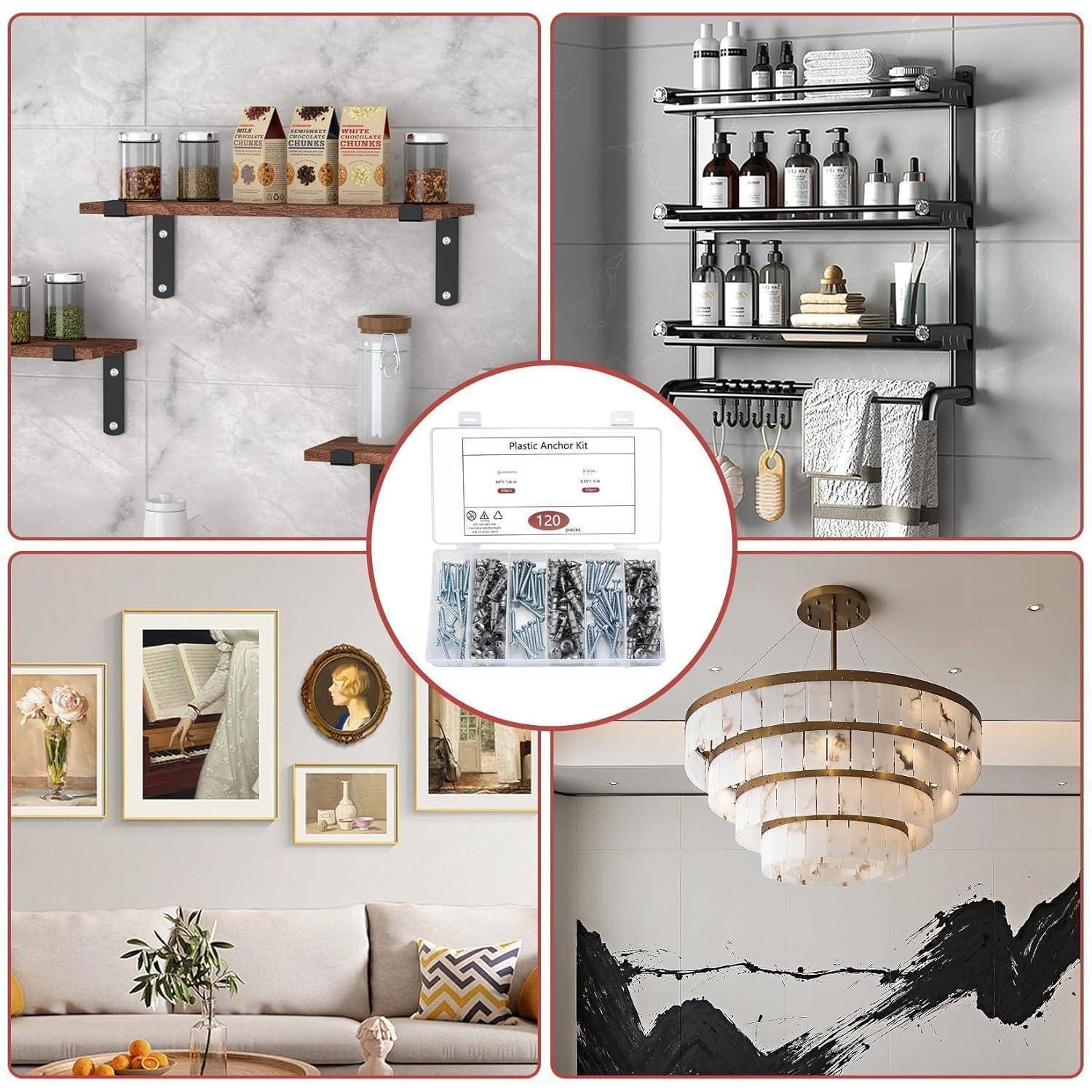 Eine Collage, die Regale mit Gläsern, ein Badezimmer mit Toilettenprodukten, ein Wohnzimmer mit Kunst und Blumen und einen Kronleuchter zeigt, zentriert um einen Dübel-Ankerset aus Kunststoff.