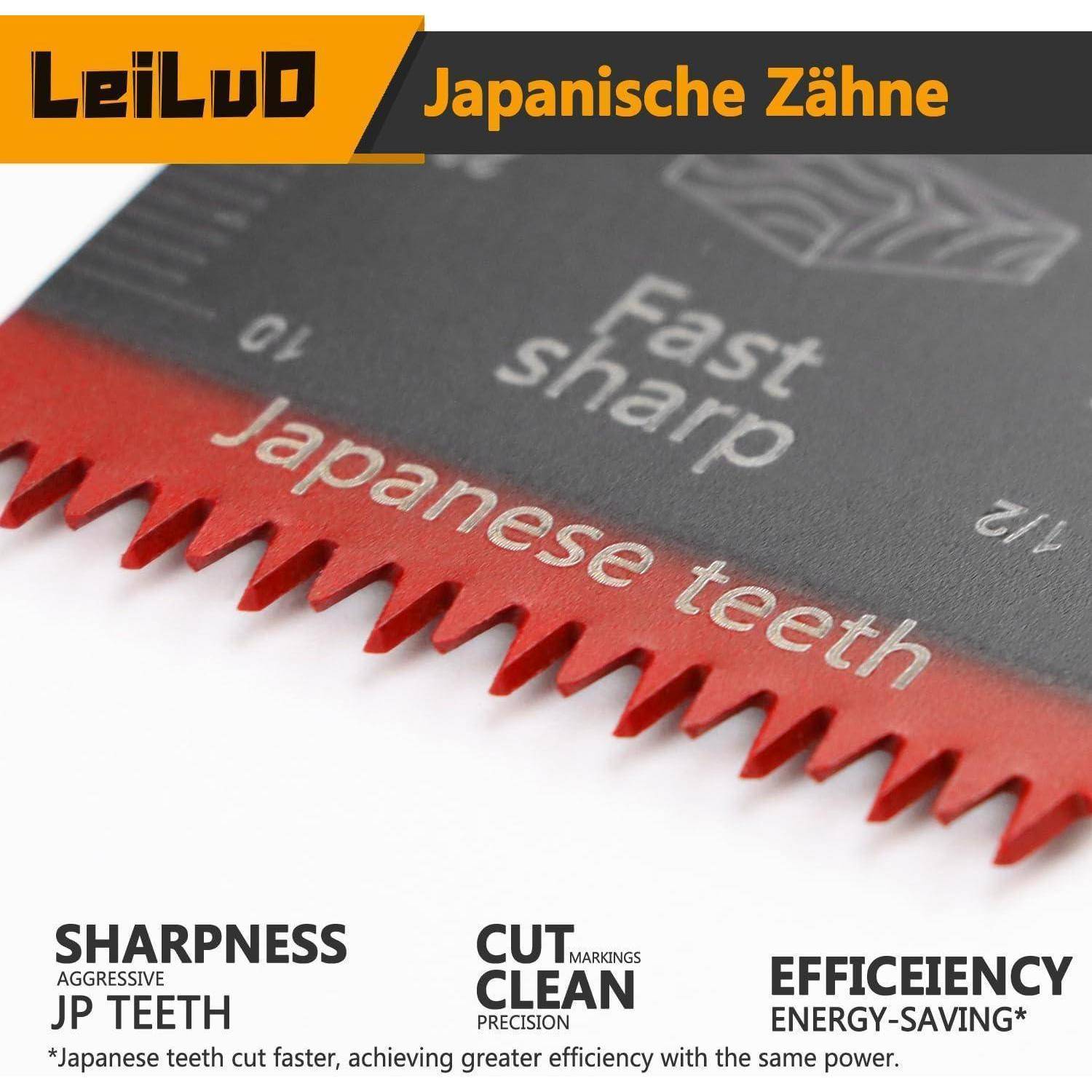 LeiLuD Japanische Zähne' Sägeblatt mit roten Zähnen, beschriftet als 'Japanische Zähne'. Eigenschaften: Schärfe, sauberer Schnitt, Effizienz.