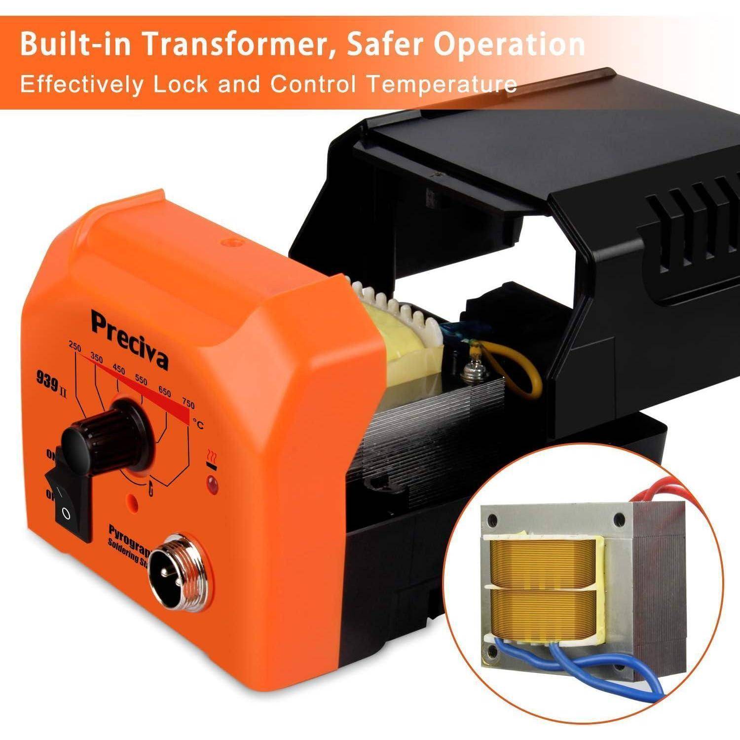 Ein orange-schwarzer Spannungstransformator mit Einstellknopf. Der Text lautet: „Eingebauter Transformator, sichererer Betrieb