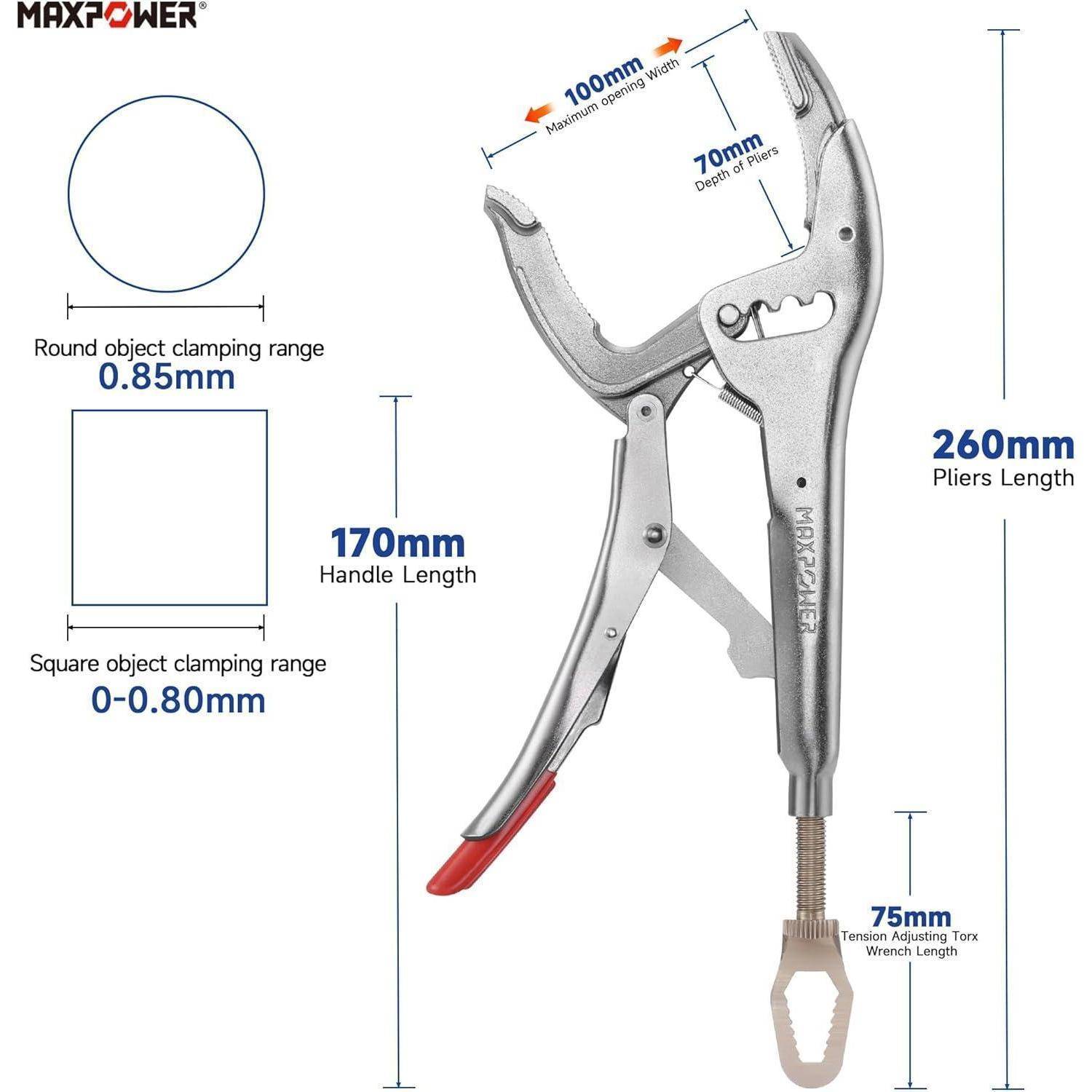 MAXPOWER' Marke große Abklemmzange mit Messungen: 260 mm Zangenlänge, 170 mm Handgriffslänge, 70 mm Klemmkapazität, Details zur Drehmomenteinstellung.