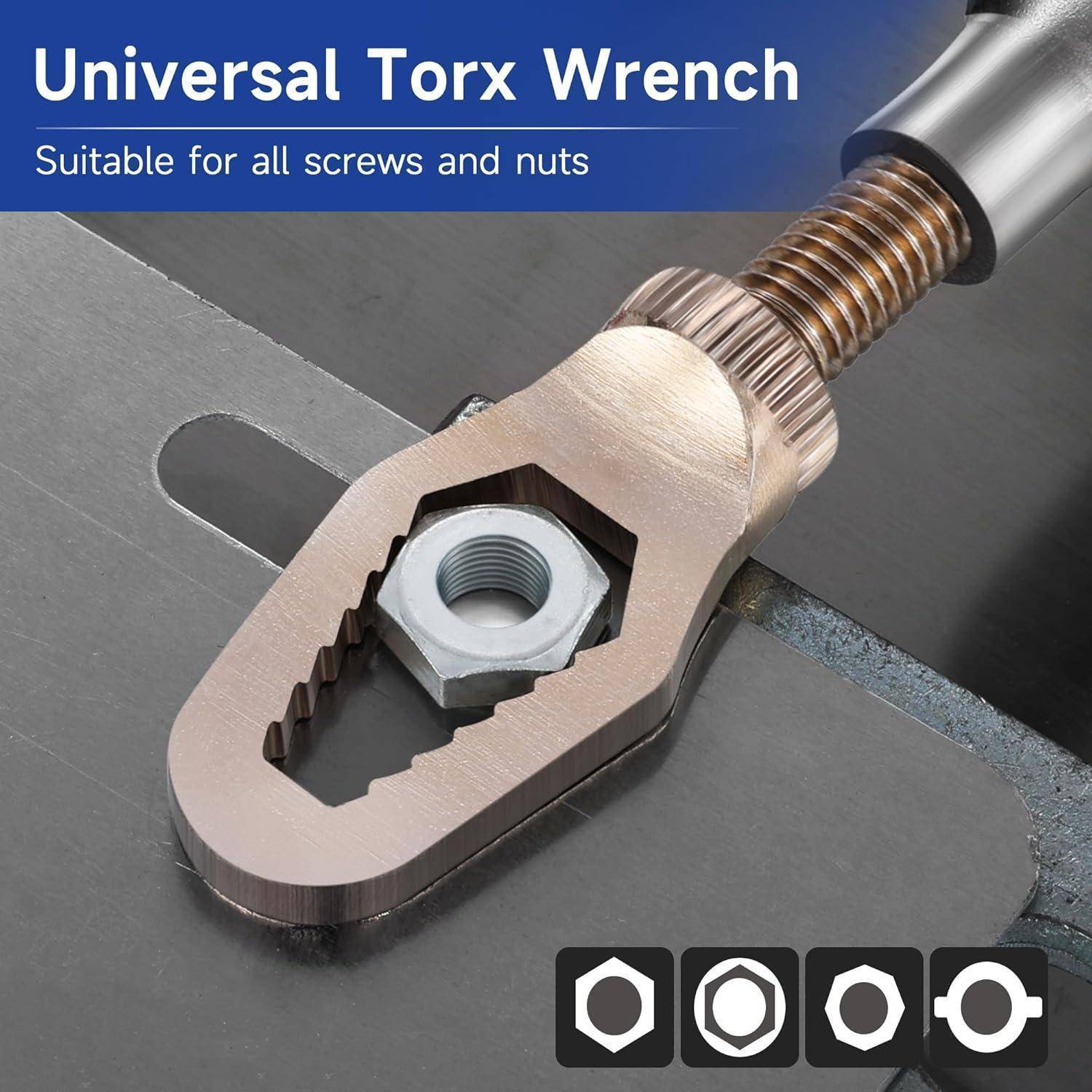 Ein universeller Torx-Schraubenschlüssel umgreift eine Mutter und demonstriert seine Vielseitigkeit für Schrauben und Muttern. Das Bild betont Anpassungsfähigkeit und Funktionalität.