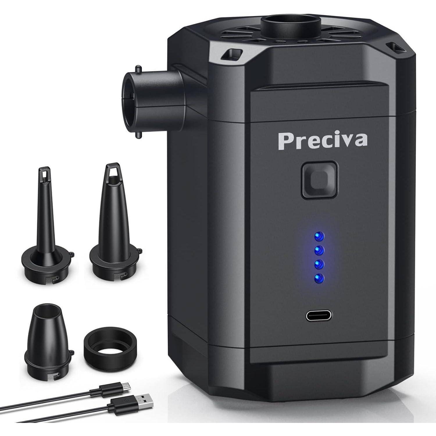 Eine schwarze Luftpumpe mit vier austauschbaren Düsen, Ladekabel und Adaptern wird gezeigt. Die Pumpe verfügt über LED-Anzeigen und einen Micro-USB-Anschluss.