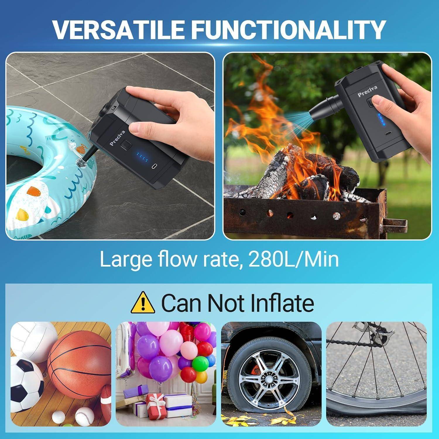 Ein Luftpumpe, die ein Poolluftmatratze aufpumpt und ein Feuer anfacht. Text: 'Vielseitige Funktionalität', 'Hohe Durchflussrate, 280L/Min', und 'Kann nicht aufpumpen' mit Bildern von nicht aufpumpbaren Gegenständen.