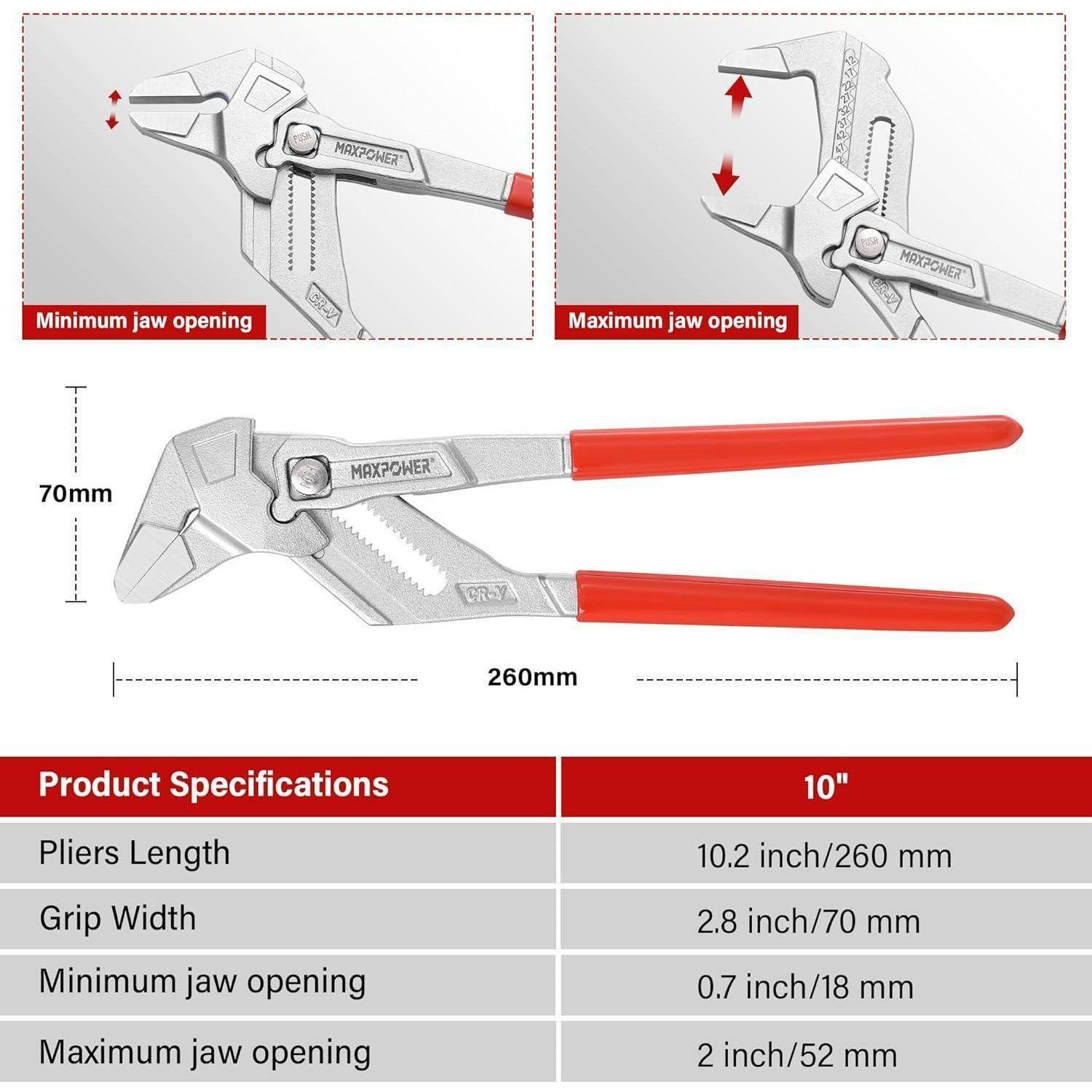 Zange mit verstellbarer Backe, dargestellt bei minimaler und maximaler Öffnung. Maße: Länge 260 mm, Griffbreite 70 mm. Spezifikationen unten.