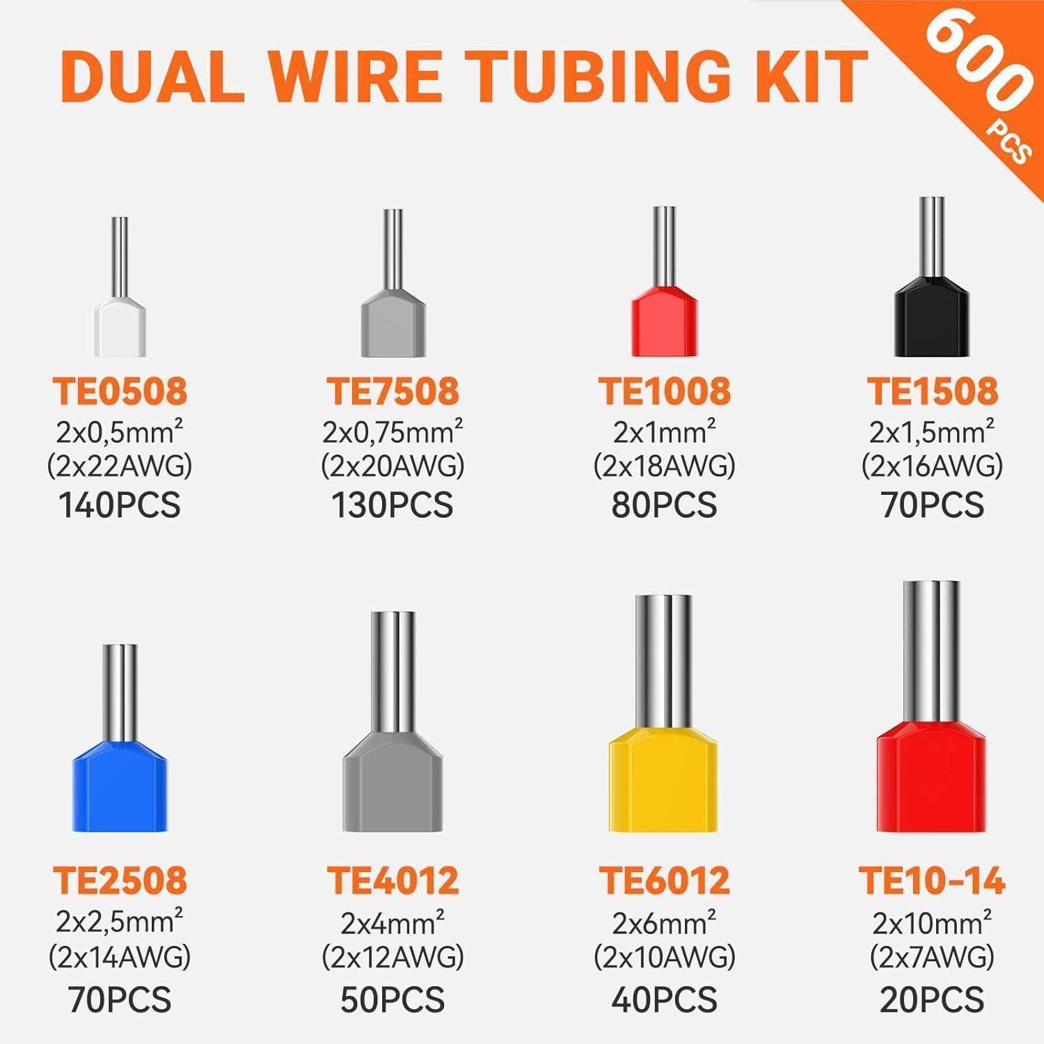 Duales Kabelrohr-Set: 600 Stück insgesamt, enthält TE0508, TE7508, TE1008, TE1508, TE2508, TE4012, TE6012, TE10-14 Typen mit unterschiedlichen Drahtdurchmessern und Mengen.