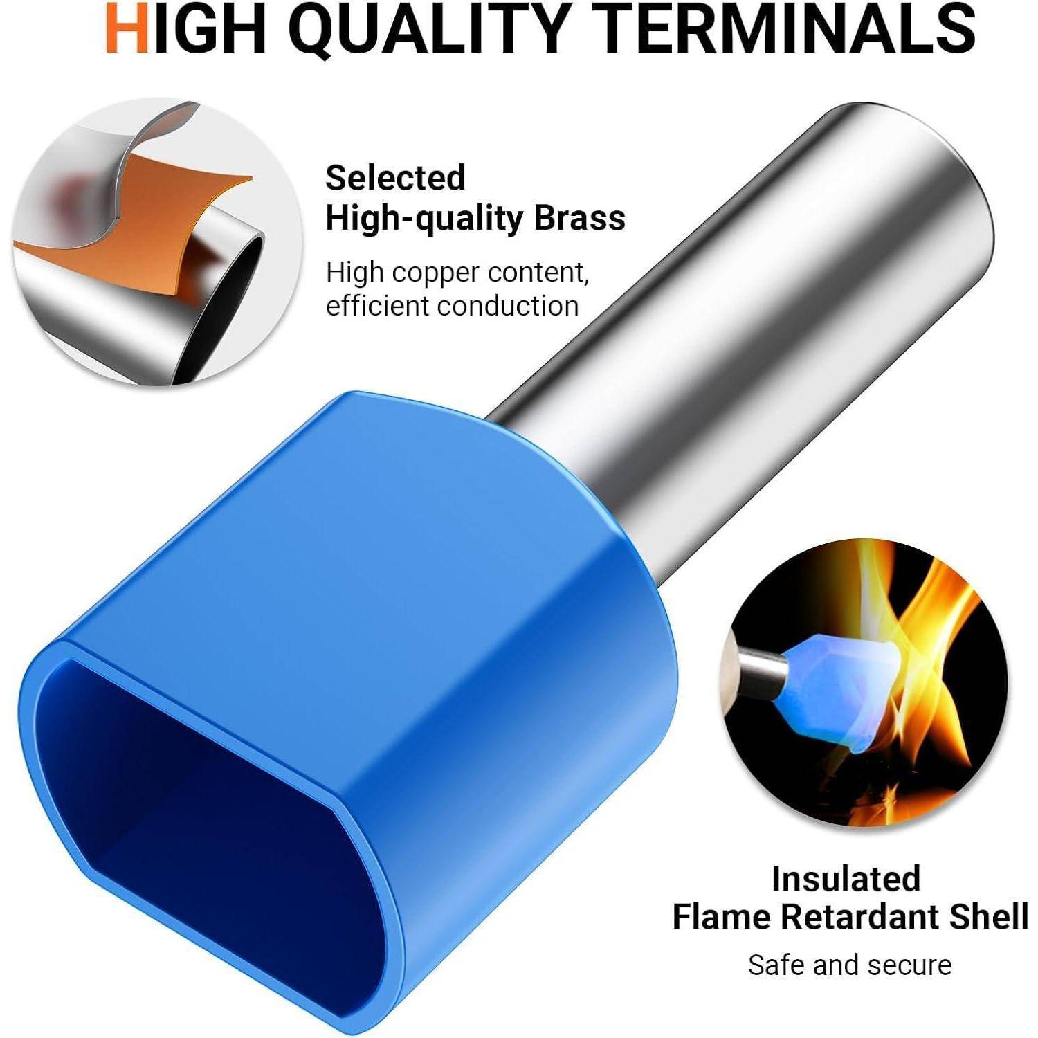 Blauer Terminal mit hochwertiger Messing-Ausführung für effiziente Stromleitung. Isolierte, flammhemmende Schale für Sicherheit. Text hebt Produktmerkmale hervor.