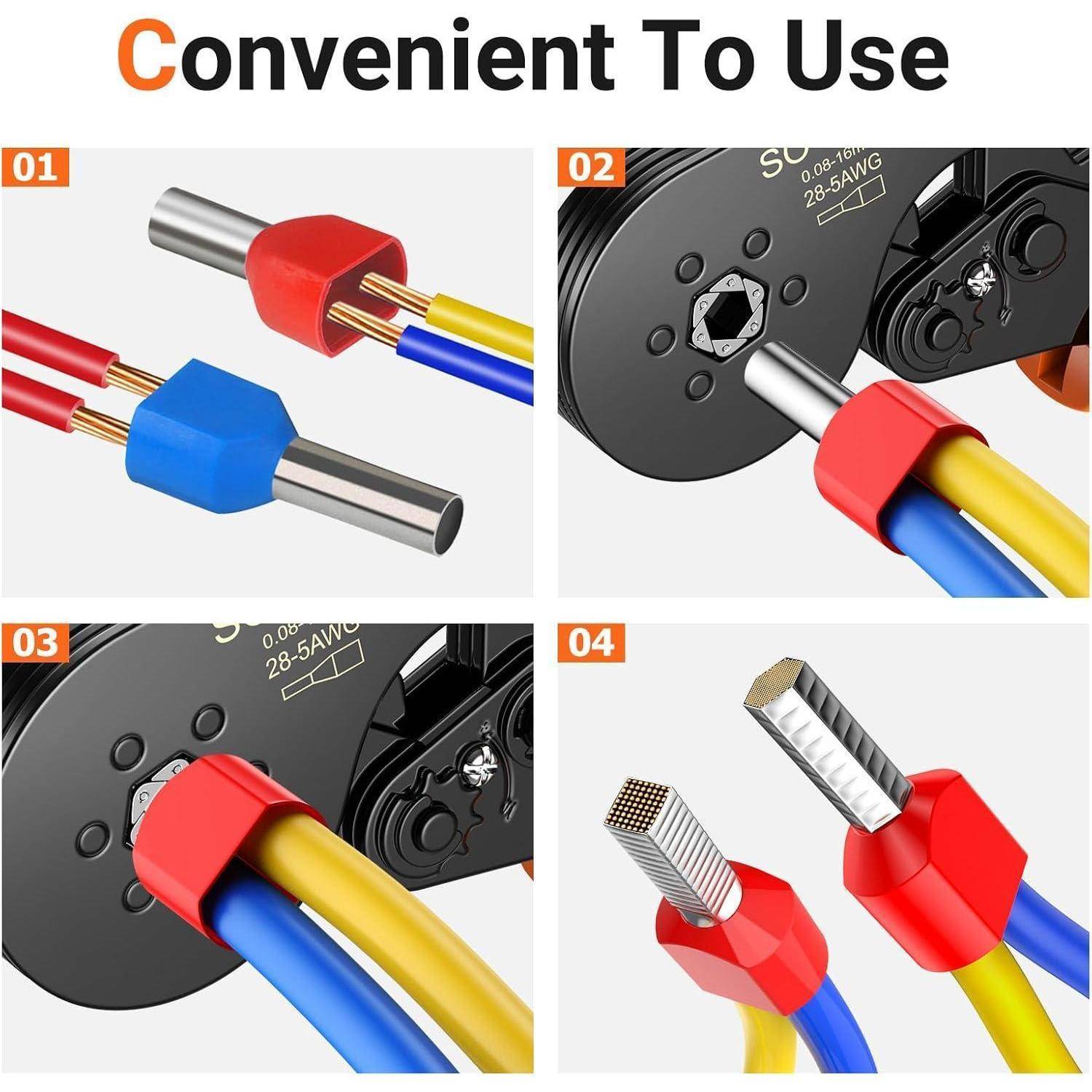 Vierschrittanleitung zur Verwendung von Kabelverbindern: 1. Kabel einführen. 2. In den Verbinder schieben. 3. Durch Drehen des Knopfes sichern. 4. Verbindung abgeschlossen.
