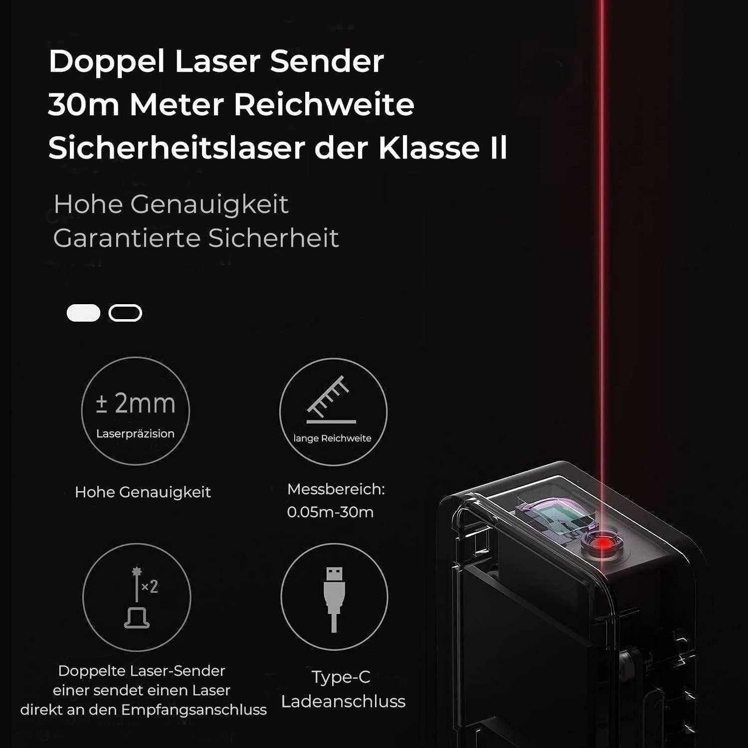 Doppel-Laser-Sender, 30m Reichweite, Sicherheitsklasse II. Zu den Funktionen gehören hohe Präzision, zweischichtiger Sender, USB-C-Ladung.