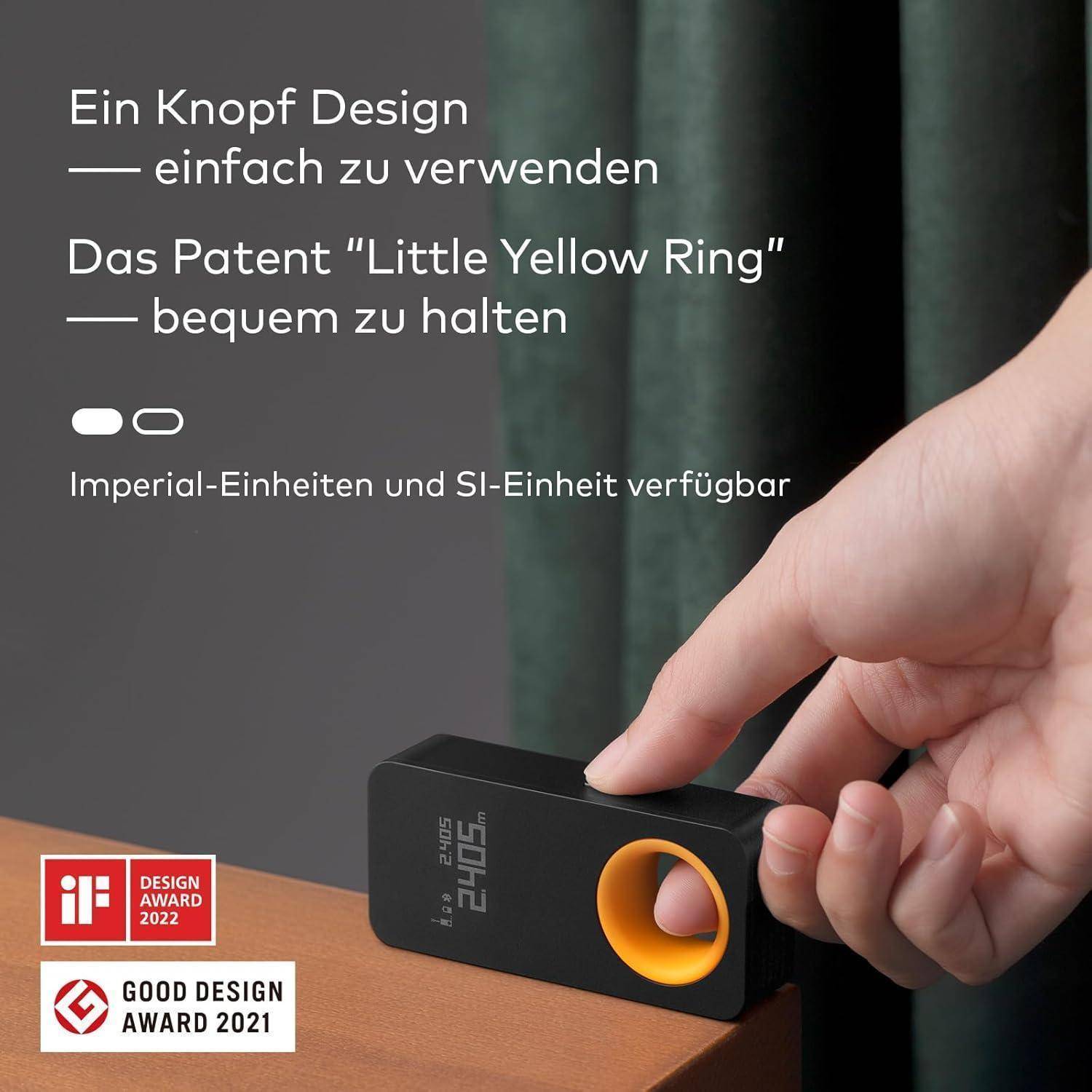 Eine Hand hält ein schwarzes Gerät mit Zahlenanzeige und einem orangefarbenen Ring. Text liest: Ein Knopf Design - einfach zu verwenden. Das Patent 