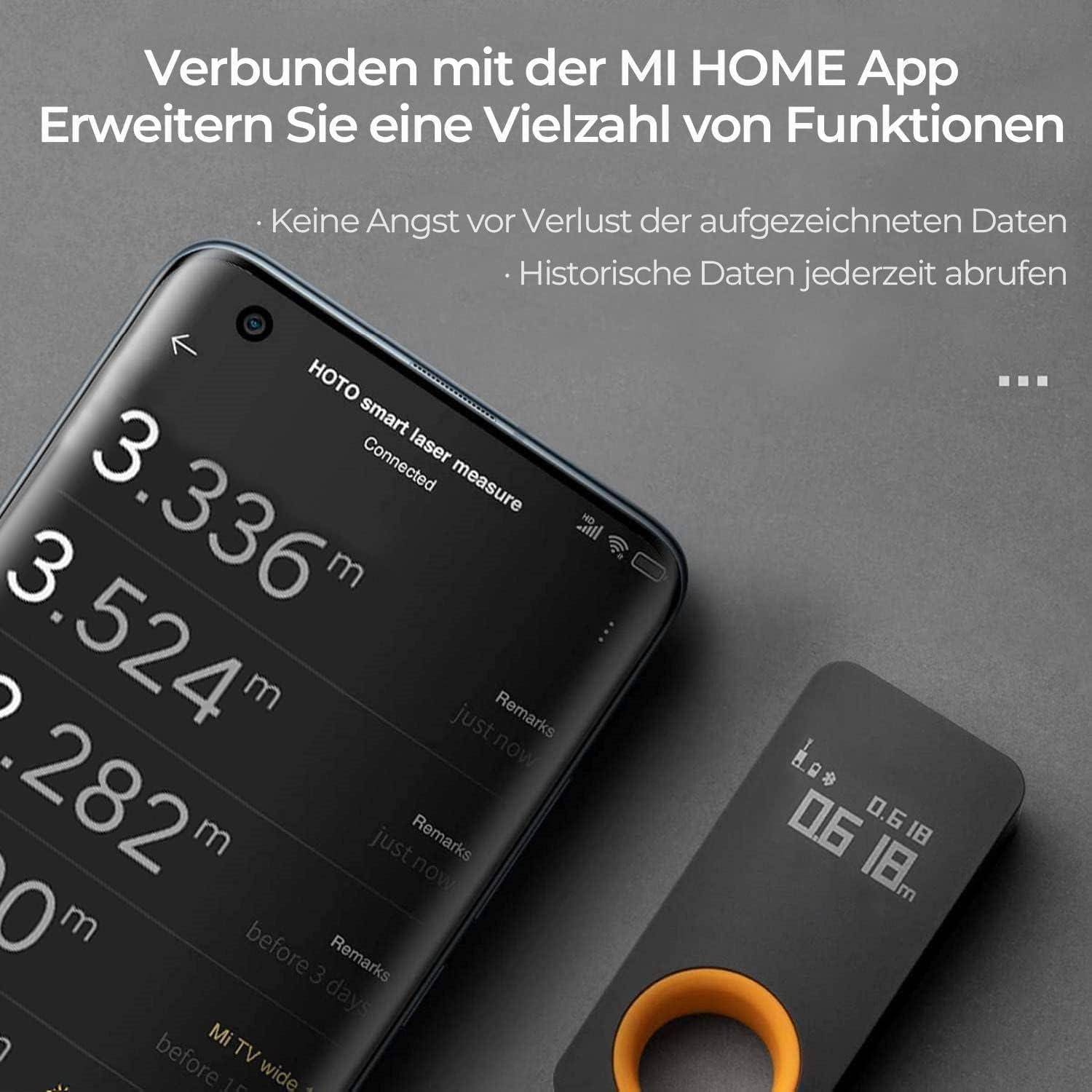 Ein Smartphone-Bildschirm zeigt Messungen von '3,336 m' und '2,282 m'. In der Nähe zeigt ein digitales Gerät '01:16 Uhr'. Der Text beschreibt App-Konnektivität.