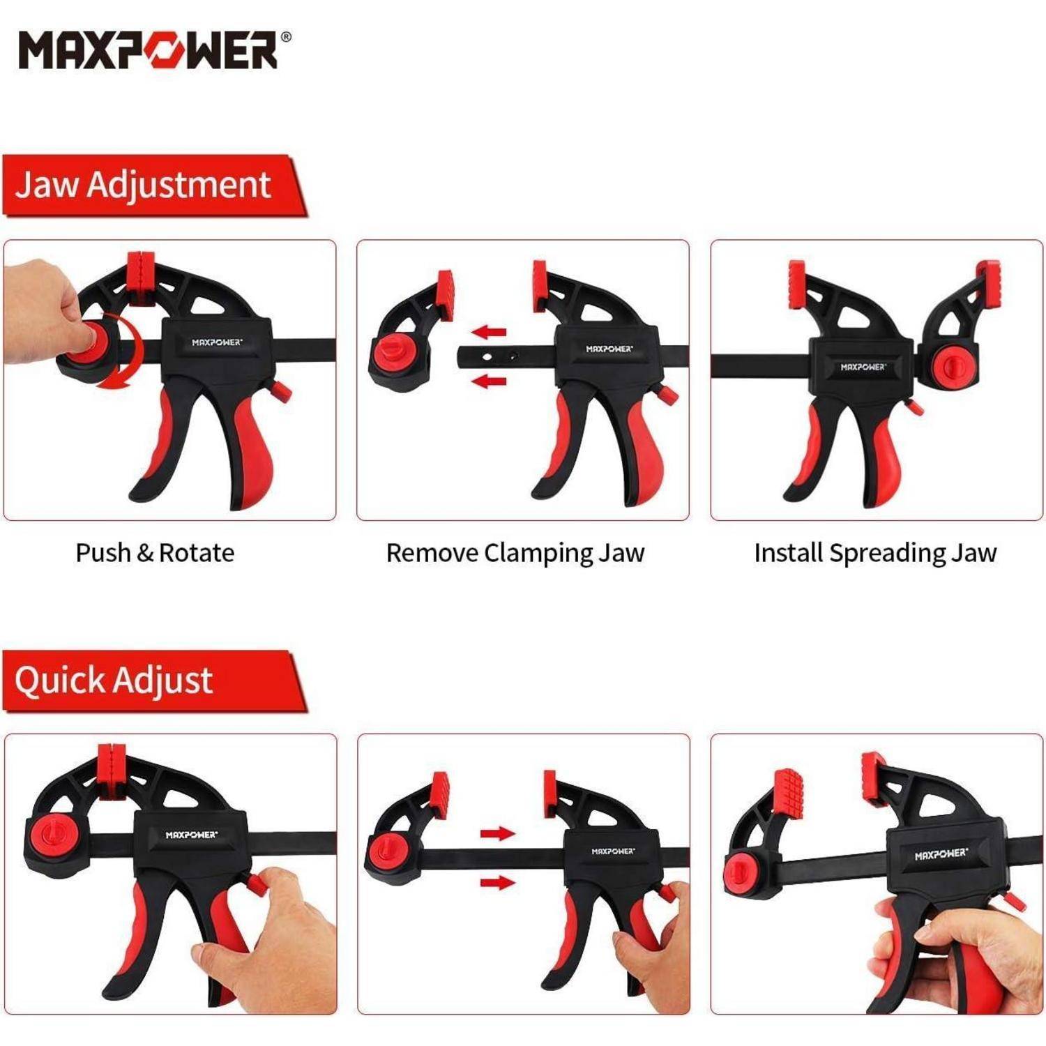 Das Bild zeigt Anweisungen zum Einstellen einer MAXPOWER-Klemme, einschließlich Backenanpassung und Schnelleinstellungsschritten.