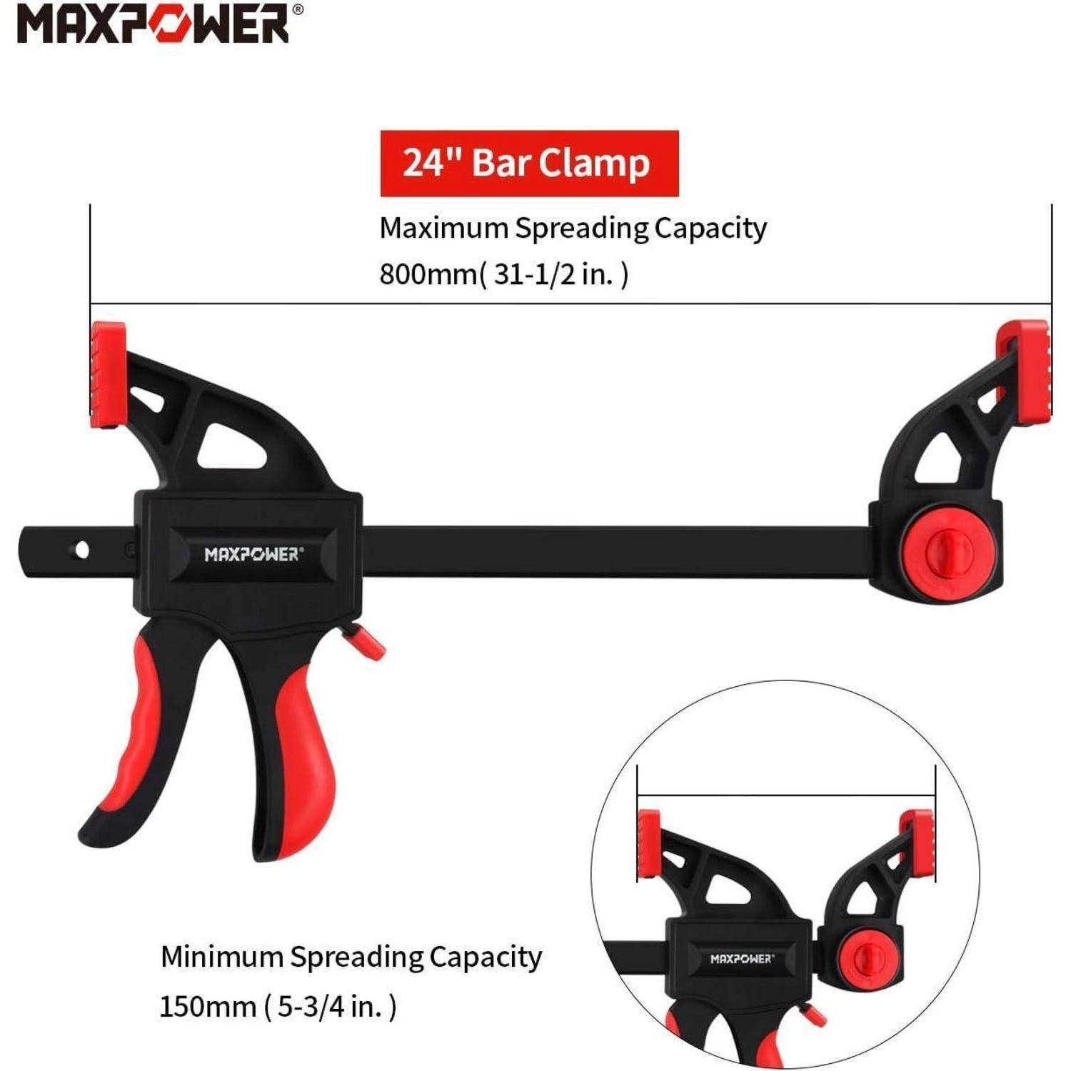 Schraubzwinge mit 'MAXPOWER'-Branding. Hauptspannbacke ist 24 Zoll lang mit einer maximalen Spreizkapazität von 800 mm (31-1/2 Zoll) und einem Minimum von 150 mm (5-3/4 Zoll).