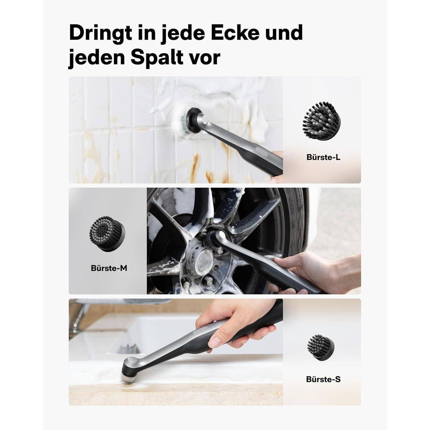 Ein Reinigungswerkzeug mit drei Bürstenaufsätzen wird dargestellt, während es verschiedene Oberflächen reinigt: Fliesen, Autofelgen und Fugenlinien.
