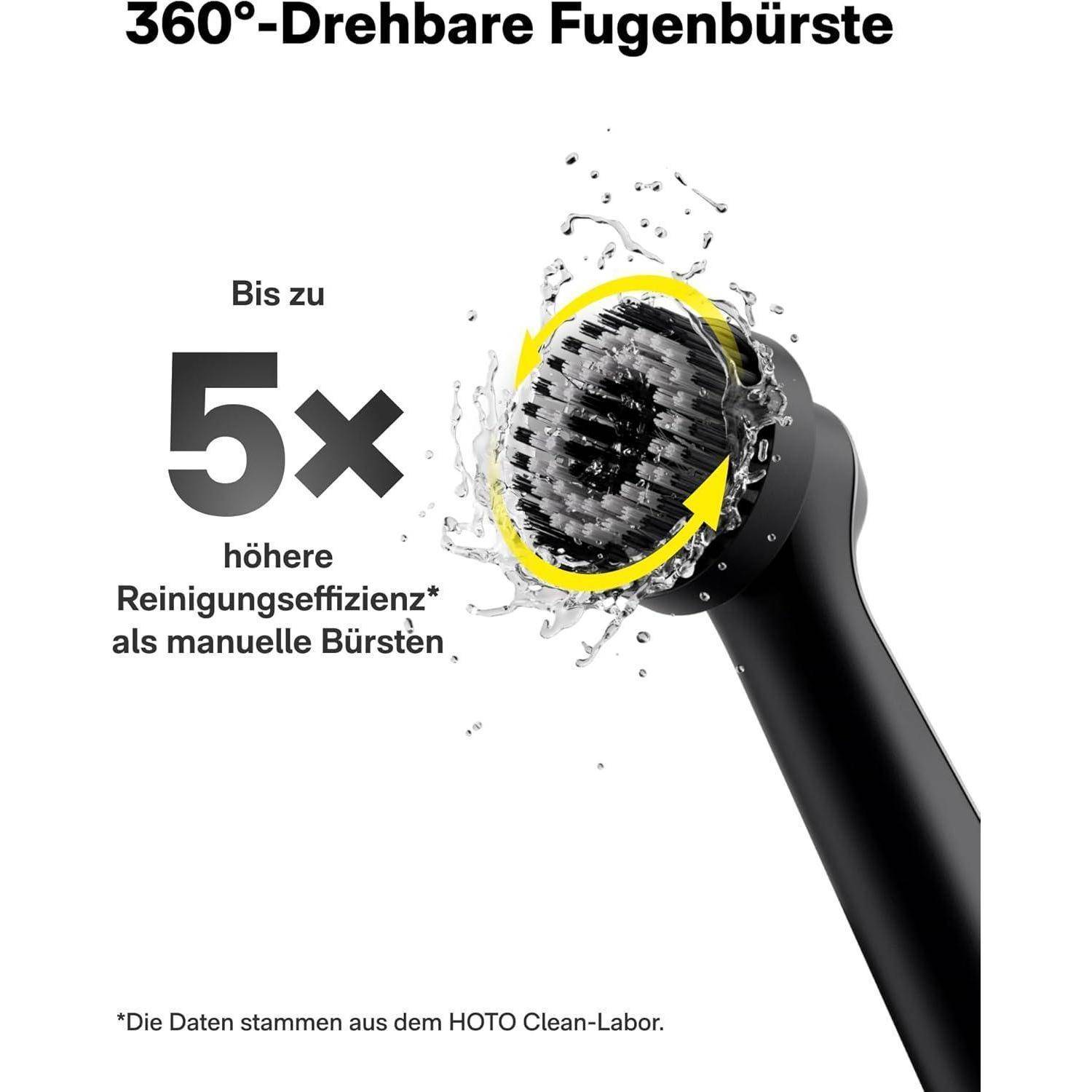 360°-Rotierendes Gelenk-Bürstengerät. Bis zu 5-mal höhere Reinigungseffizienz im Vergleich zum manuellen Bürsten.' Enthält einen Bürstenkopf am Ende eines schwarzen Griffes.