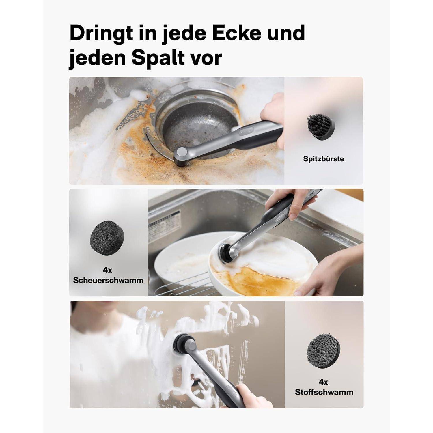 Ein Reinigungsbürste mit auswechselbaren Aufsätzen schrubbt ein schmutziges Waschbecken, einen Topf und eine Windschutzscheibe. Text lautet: 'Dringt in jede Ecke und jeden Spalt vor'.