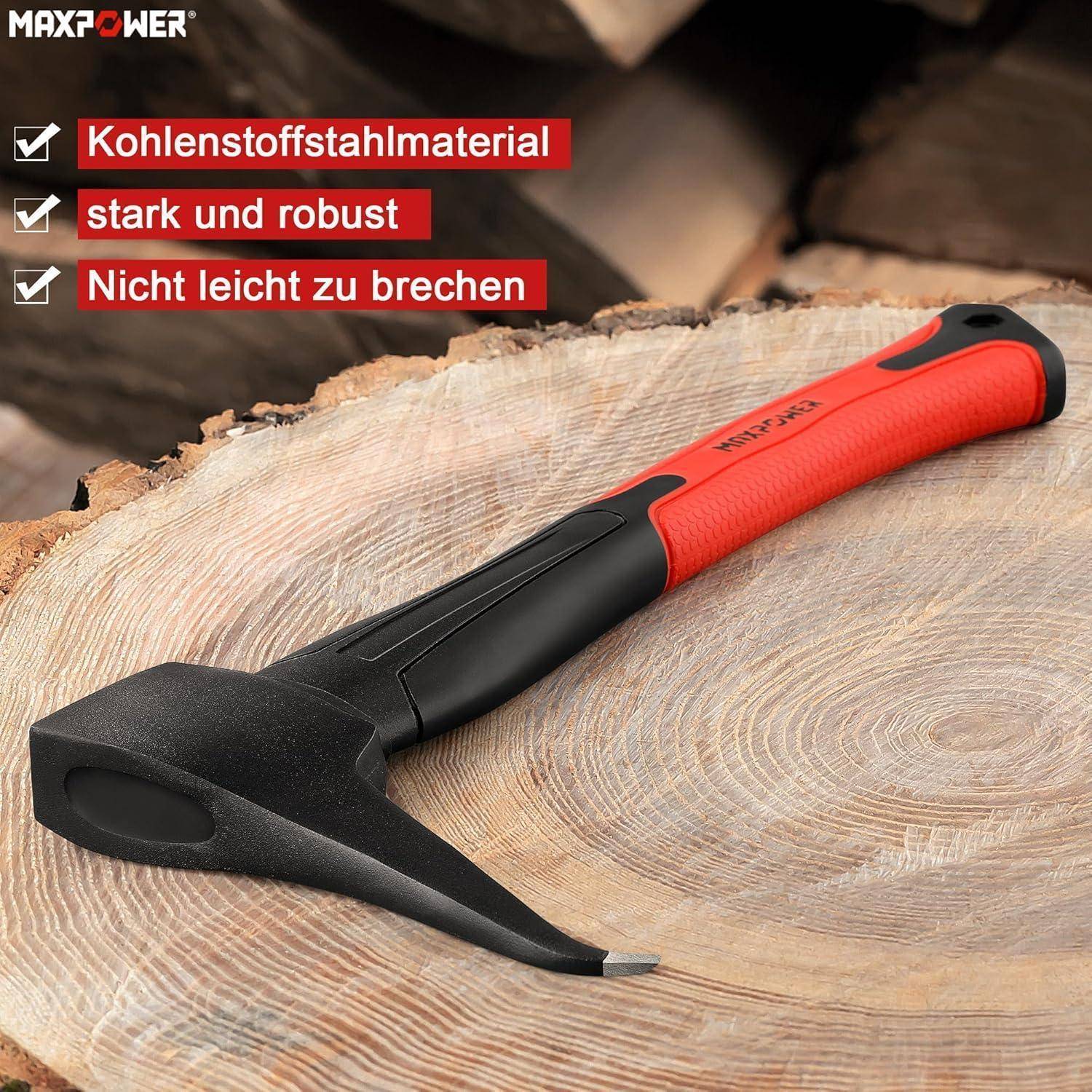 Eine rote und schwarze Handwerkszeug liegt auf einem Baumstumpf. Text besagt: ‚Kohlenstoffstahl-Material', ‚stark und robust', ‚nicht leicht zu brechen'.