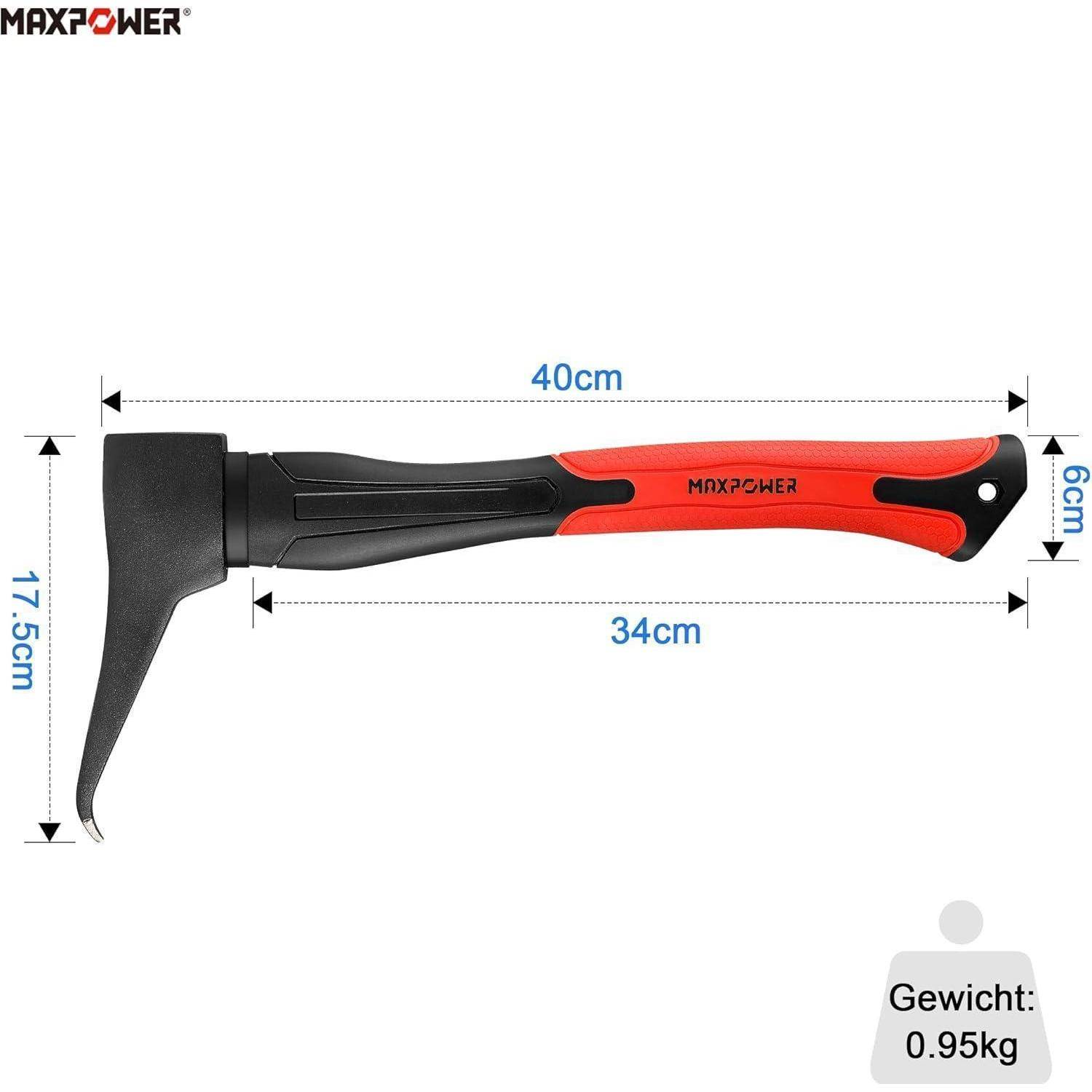 Hammer auswählen mit schwarzem Kopf, rot-schwarzem Griff. Länge: 40cm, Breite: 6cm, Höhe: 7,5cm. Grifflänge: 34cm. Gewicht: 0,95kg.