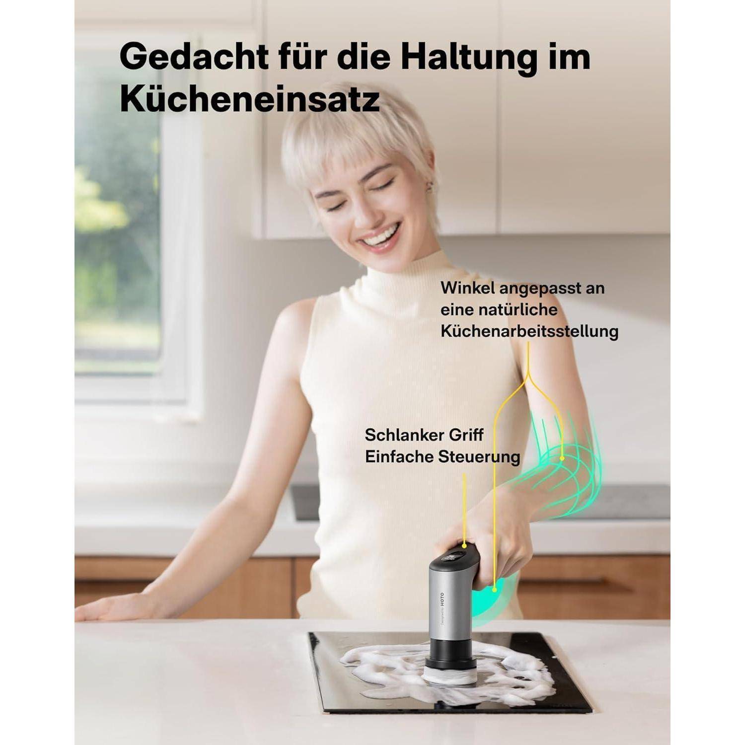 Eine Person in einer Küche lächelt, während sie ein tragbares Gerät benutzt. Der deutsche Text betont das ergonomische Design für einfache Handhabung.