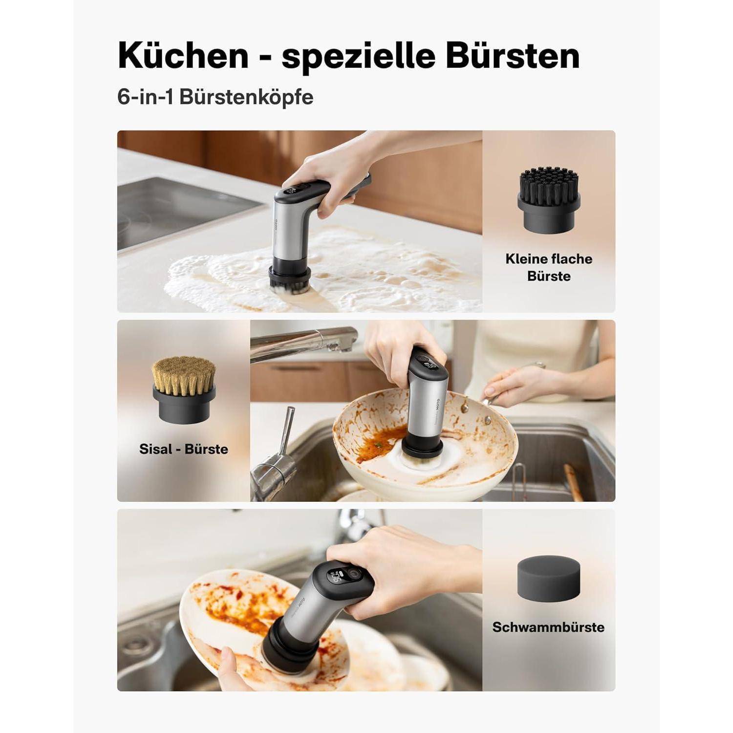 Das Bild zeigt ein Küchenreinigungswerkzeug mit auswechselbaren Bürstenköpfen für Reinigungsaufgaben. Es präsentiert eine kleine flache Bürste, eine Sisalbürste und eine Schwammbürste, die für die Reinigung verschiedener Küchenflächen und -gegenstände verwendet werden.