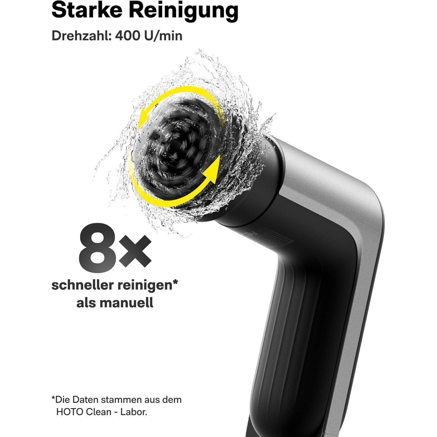 Elektrische Reinigungsbürste mit runder Bürstenköpfchen und Borsten, mit Hervorhebung der '8-mal schnelleren Reinigung als manuell', Rotationsgeschwindigkeit 400 U/min.