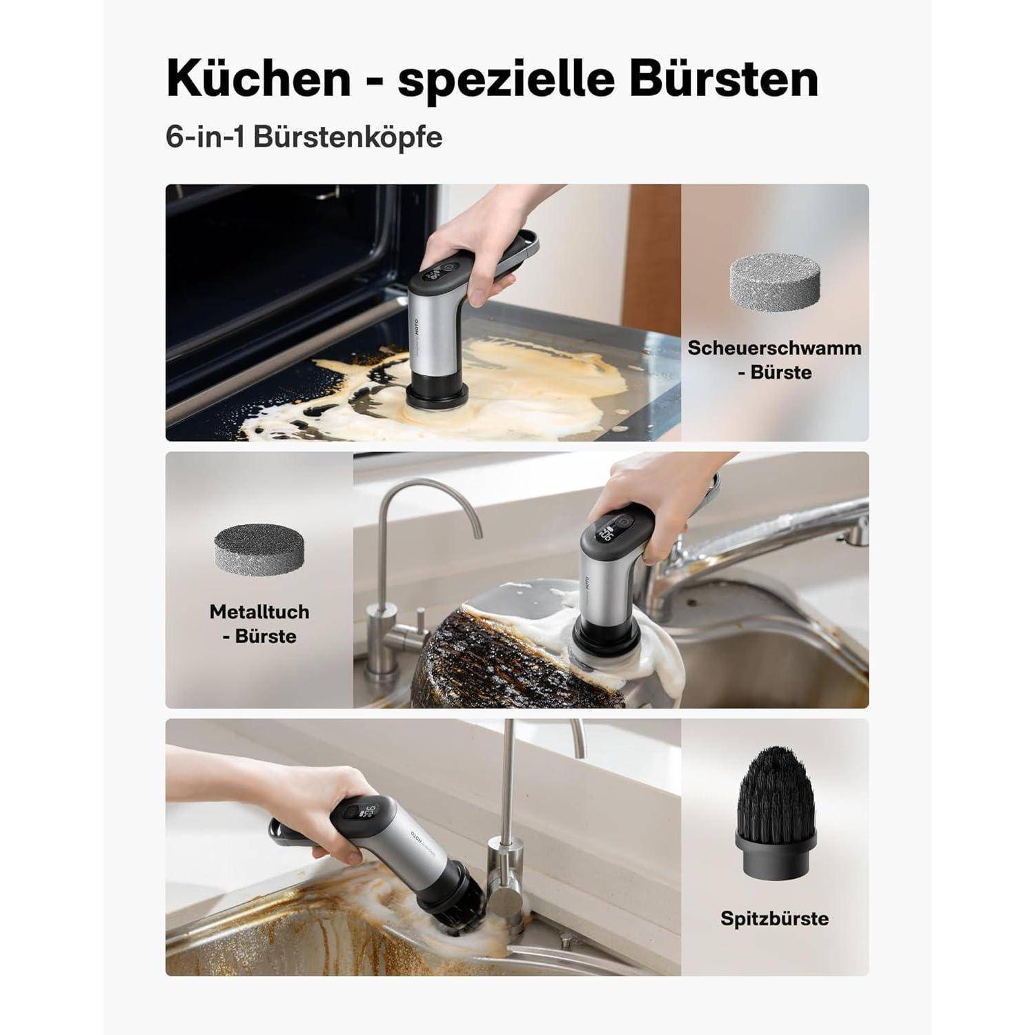 Ein Bild, das ein Produkt mit auswechselbaren Bürstenköpfen für die Küchenreinigung zeigt. Es präsentiert Metall- und Scheuerschwammbürsten, die auf einem Herd und in einem Waschbecken verwendet werden.