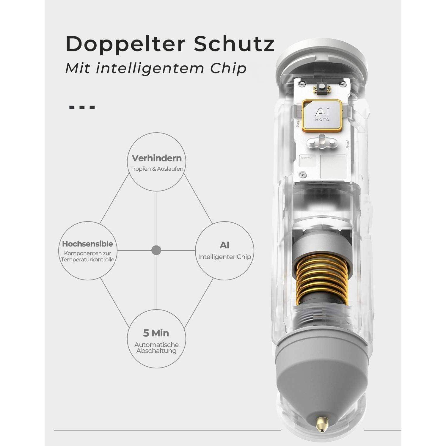 Innenansicht eines Schutzgeräts mit KI-Chip. Zu den Schlüsselmerkmalen gehören Leckverhütung, Temperaturkontrolle und automatische Abschaltung nach 5 Minuten. Der deutsche Text erwähnt 