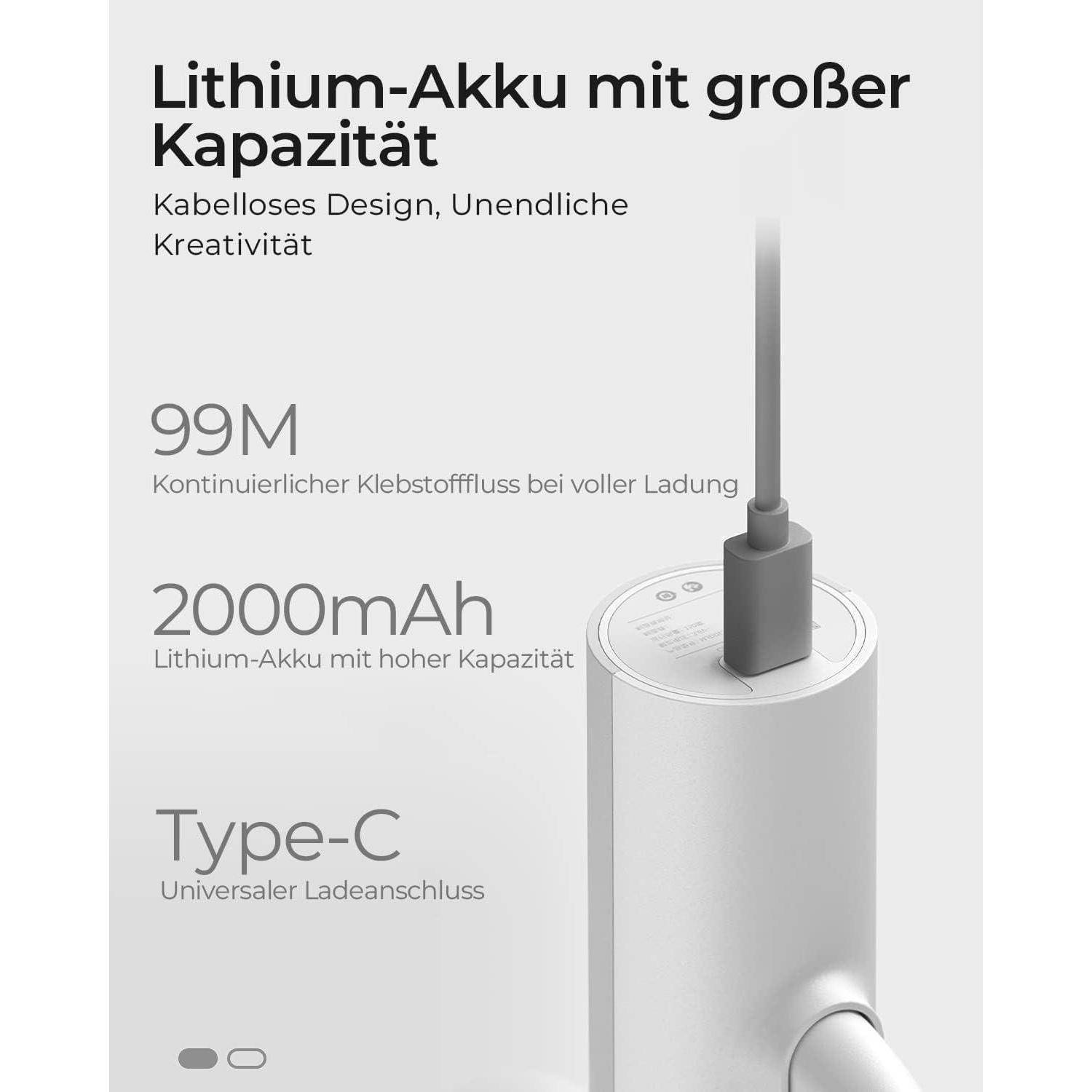 Ein Gerät mit einem Lithium-Akku mit großer Kapazität, das '2000mAh' zeigt, mit 'Type-C Ladenanschluss', und die kontinuierliche Nutzung wird hervorgehoben.