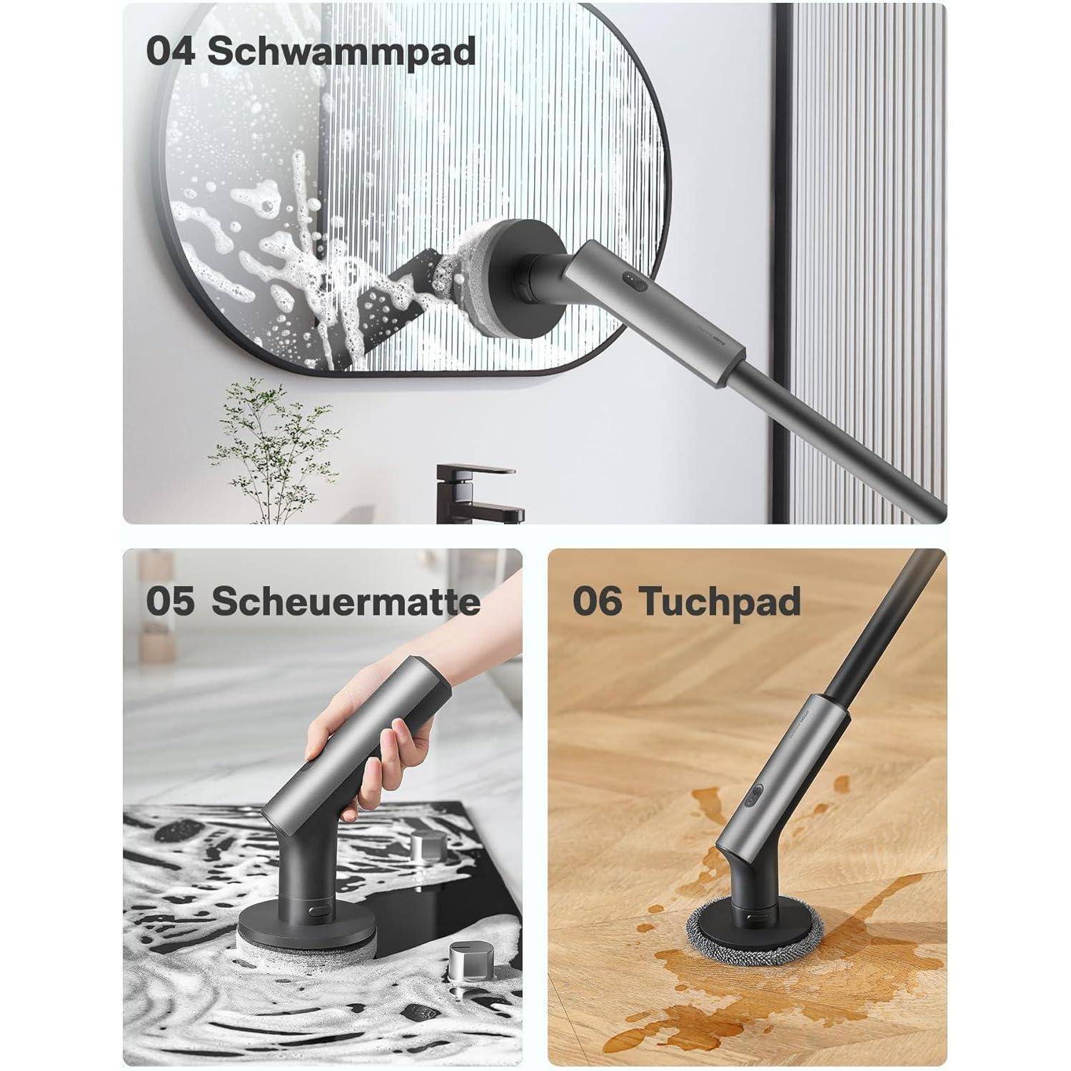 Duschkopf mit auswechselbarem Schwamm, Reinigungsbürste und Tuchpads, der verschiedene Reinigungsanwendungen auf unterschiedlichen Oberflächen demonstriert.