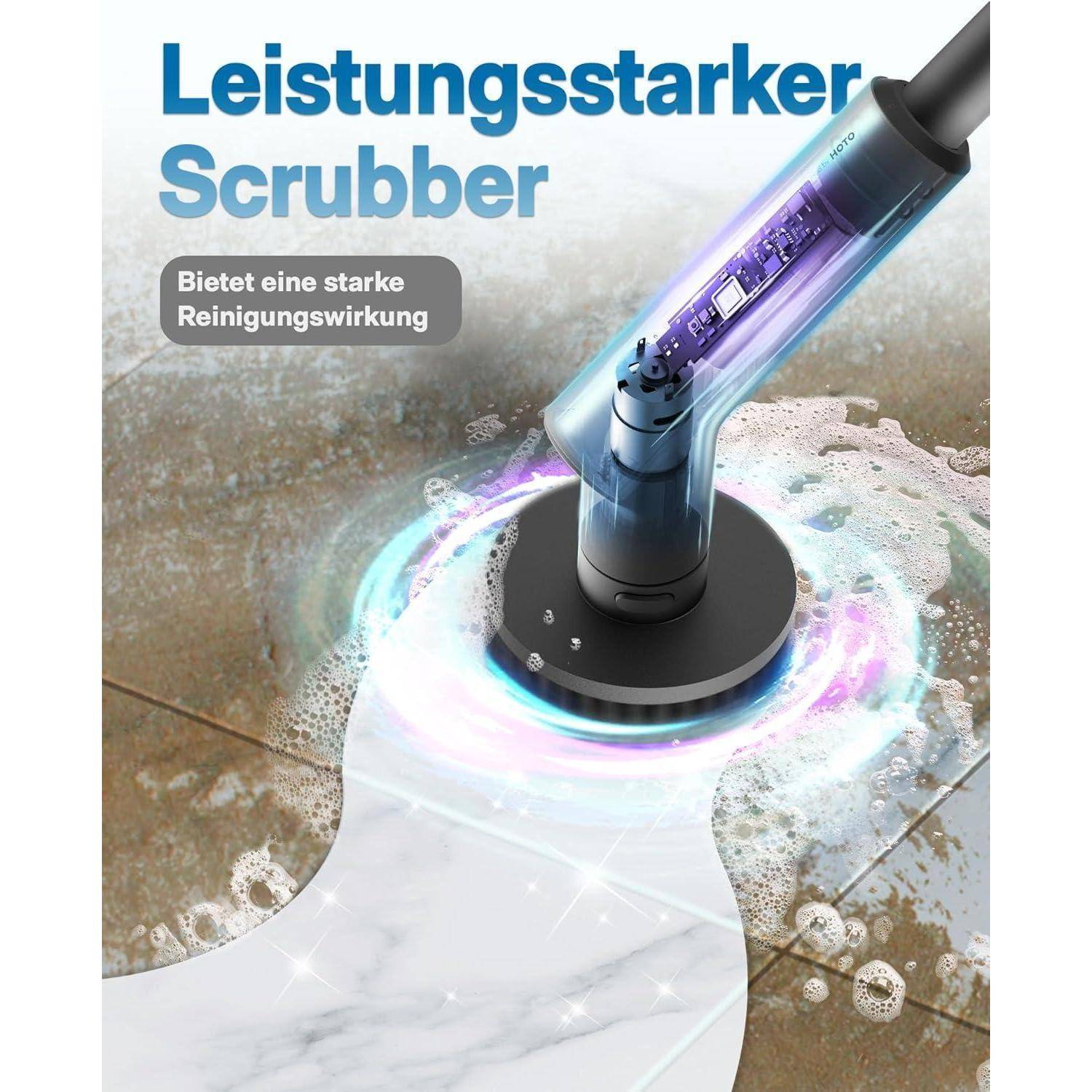 Ein Schrubber, der einen schmutzigen Fliesenboden reinigt mit einem glänzenden Effekt. Deutscher Text besagt 'Leistungsstarker Schrubber' und 'Bietet kraftvolle Reinigungswirkung'.